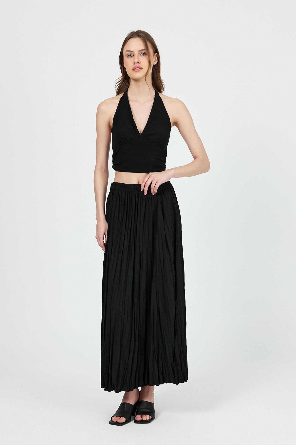 Siyah Beli Lastikli Kırışık Kumaş Etek 4692A - 6