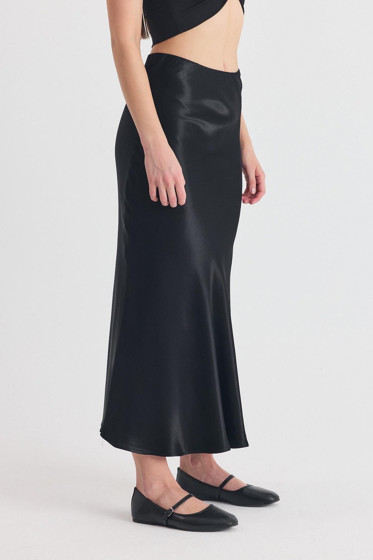 Siyah Beli Lastikli Saten Midi Etek 9427 - 2