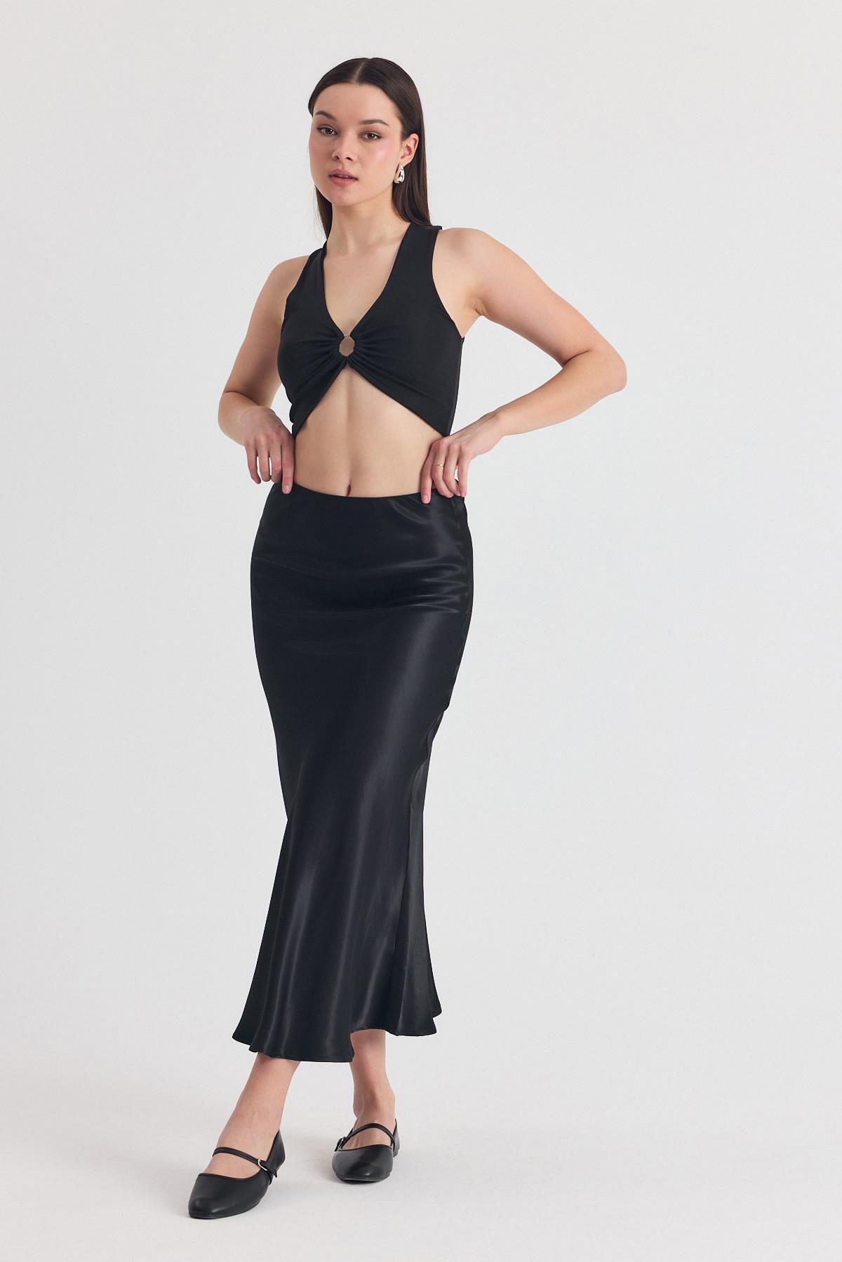 Siyah Beli Lastikli Saten Midi Etek 9427 