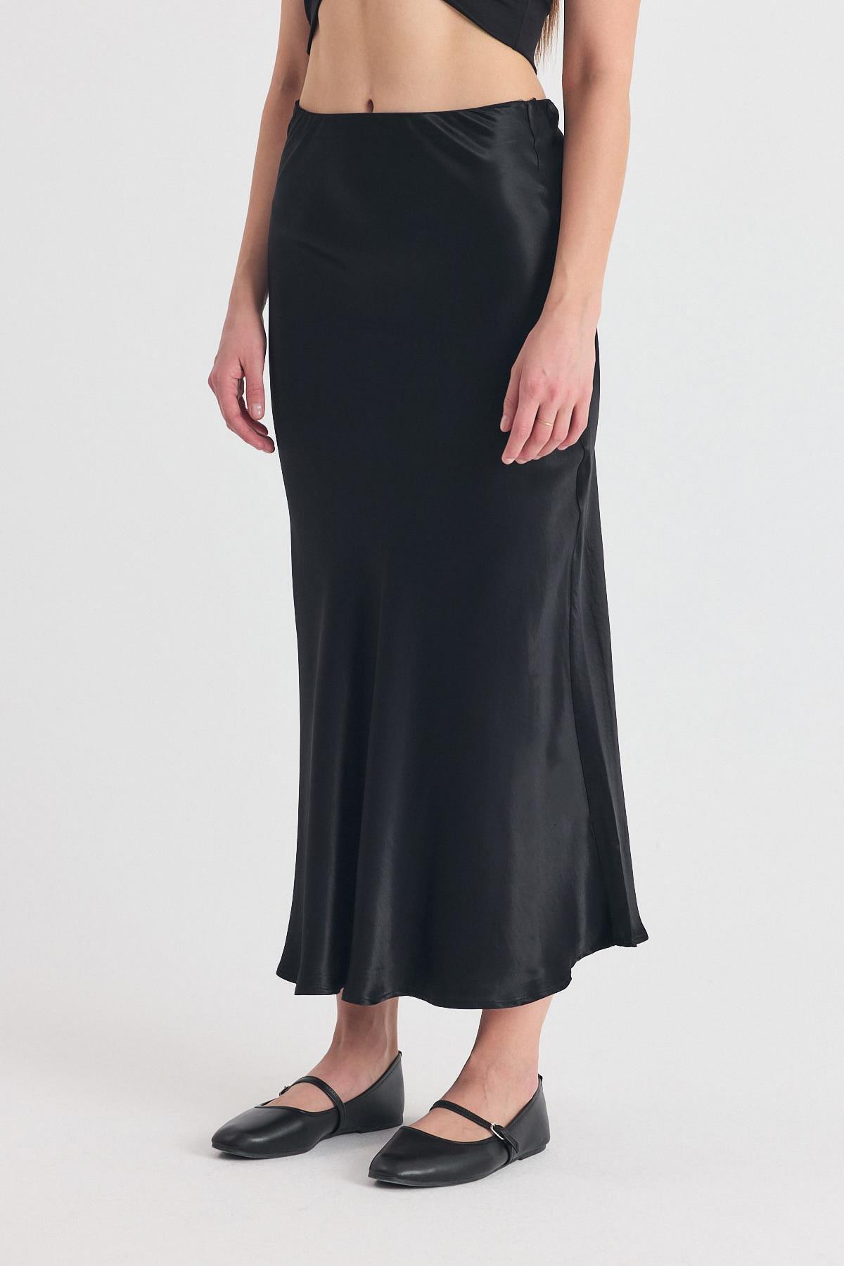Siyah Beli Lastikli Saten Midi Etek 9427 - 3