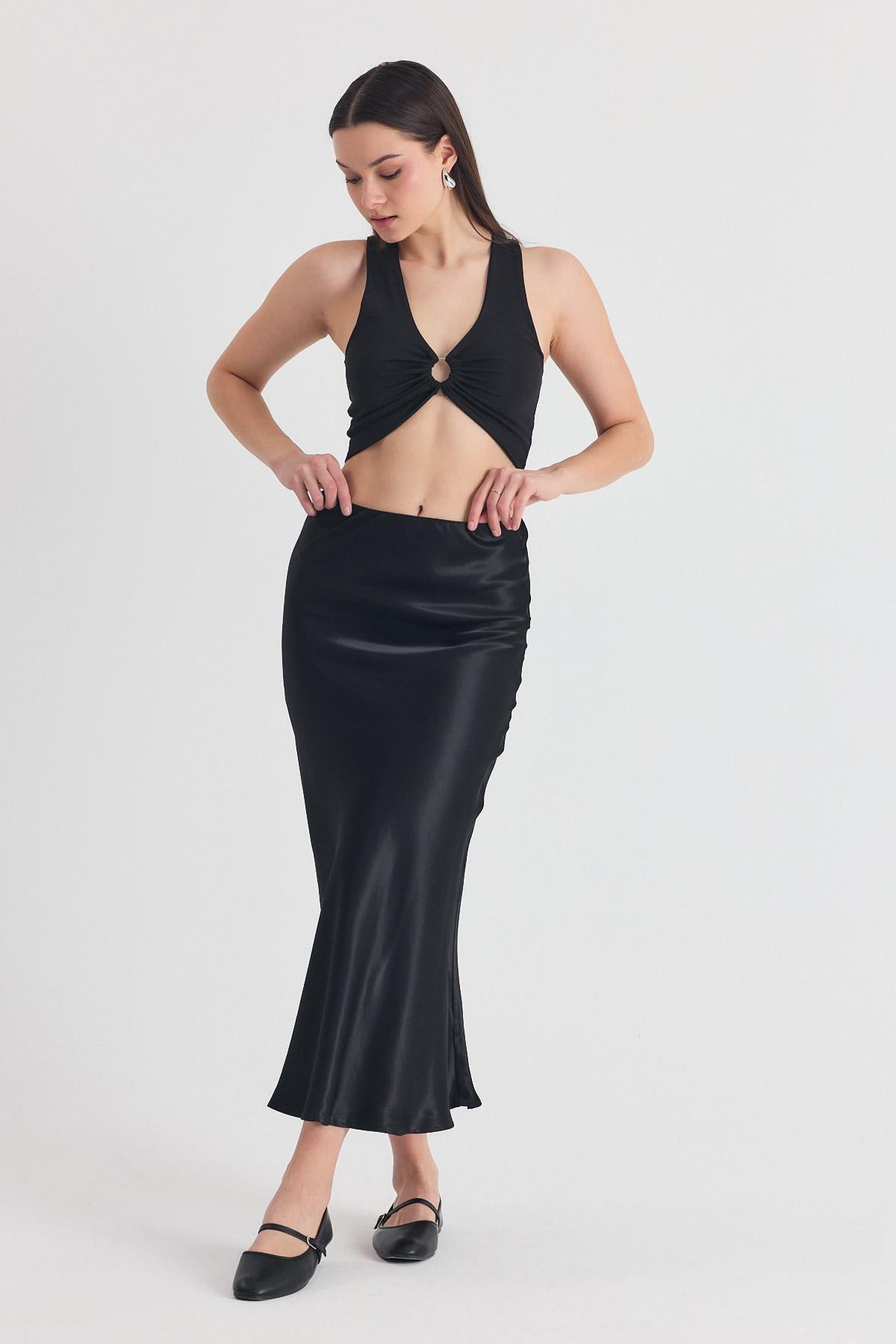 Siyah Beli Lastikli Saten Midi Etek 9427 - 4