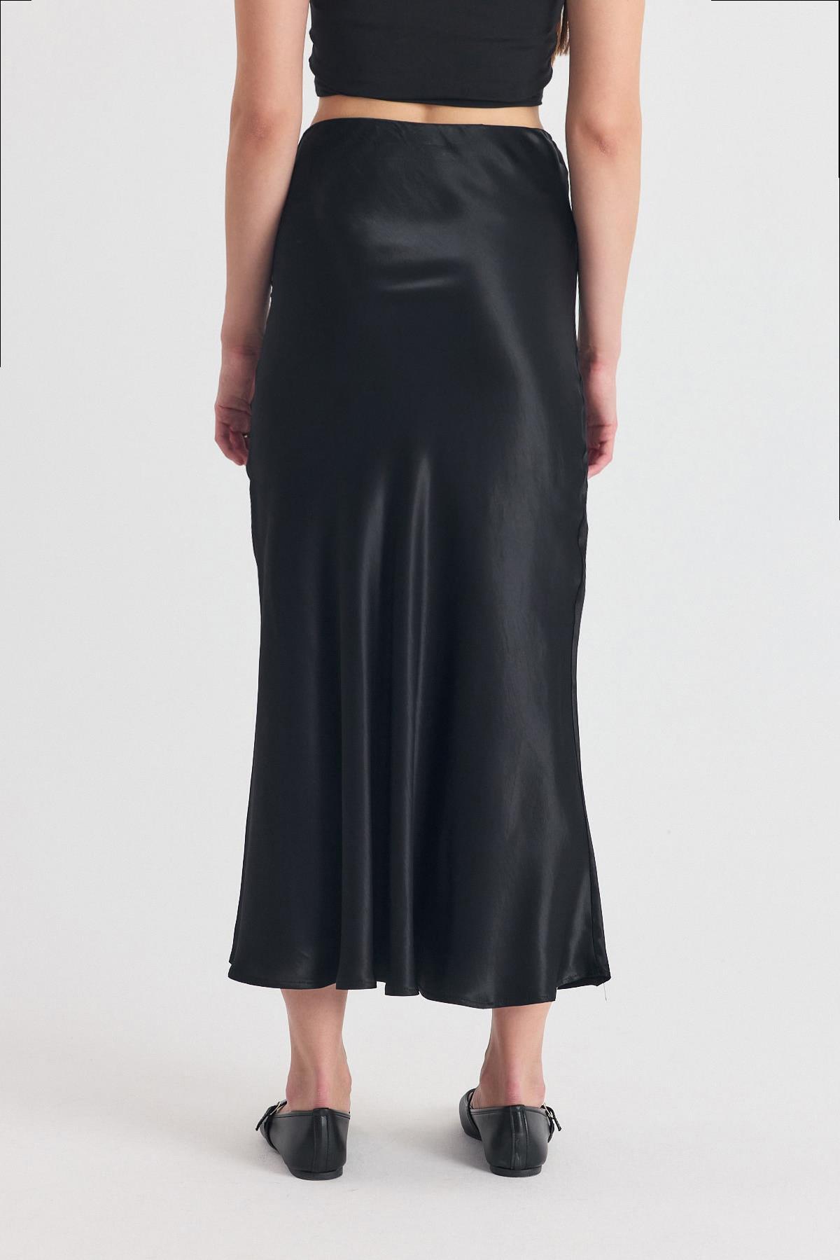 Siyah Beli Lastikli Saten Midi Etek 9427 - 5