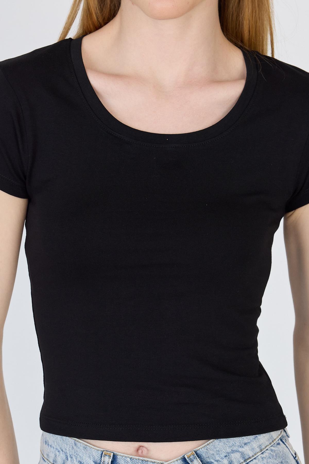 Siyah Bisiklet Yaka Basic Crop Tişört 9200M - 4