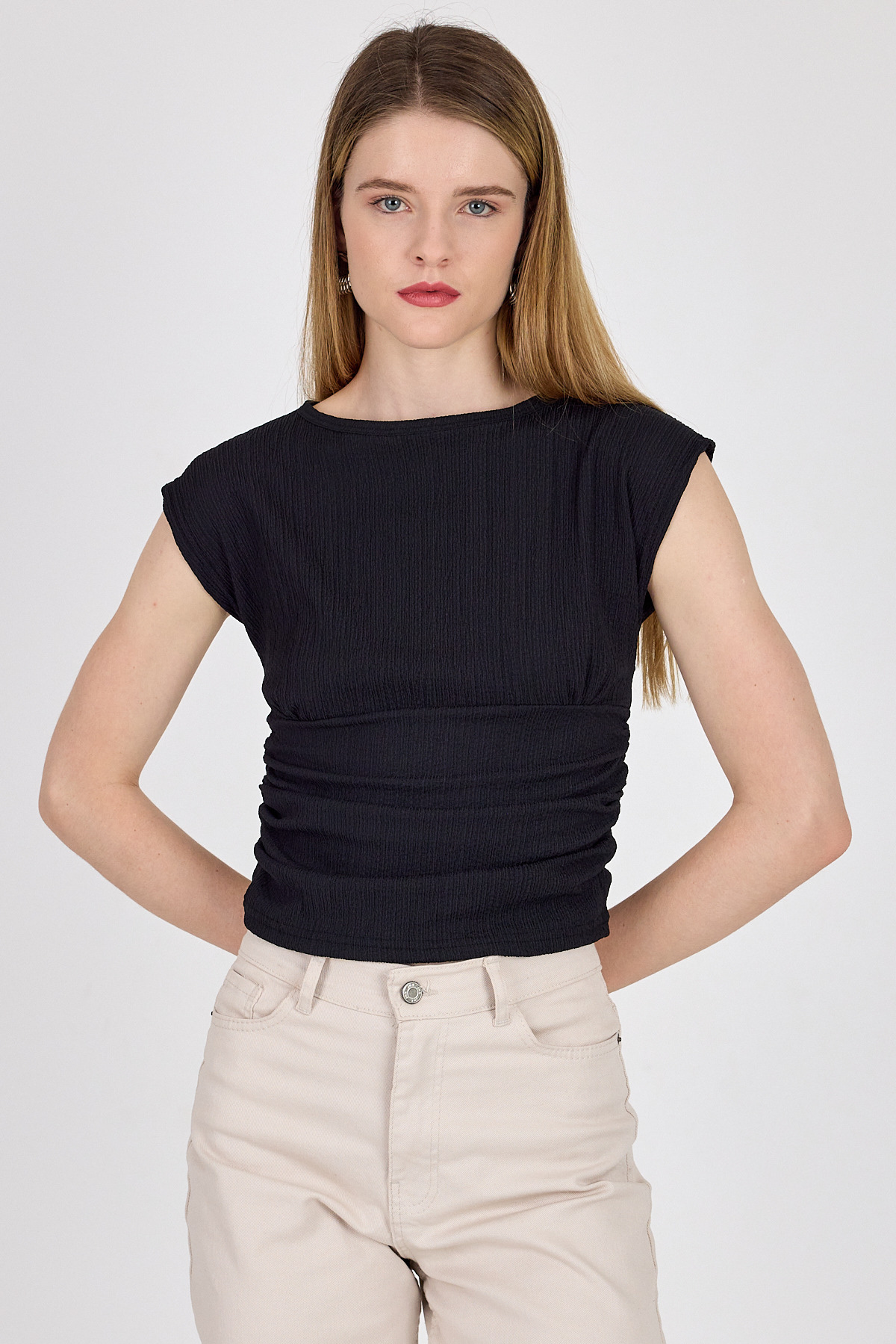 Siyah Bisiklet Yaka Bel Büzgülü Bluz 2301 - 6