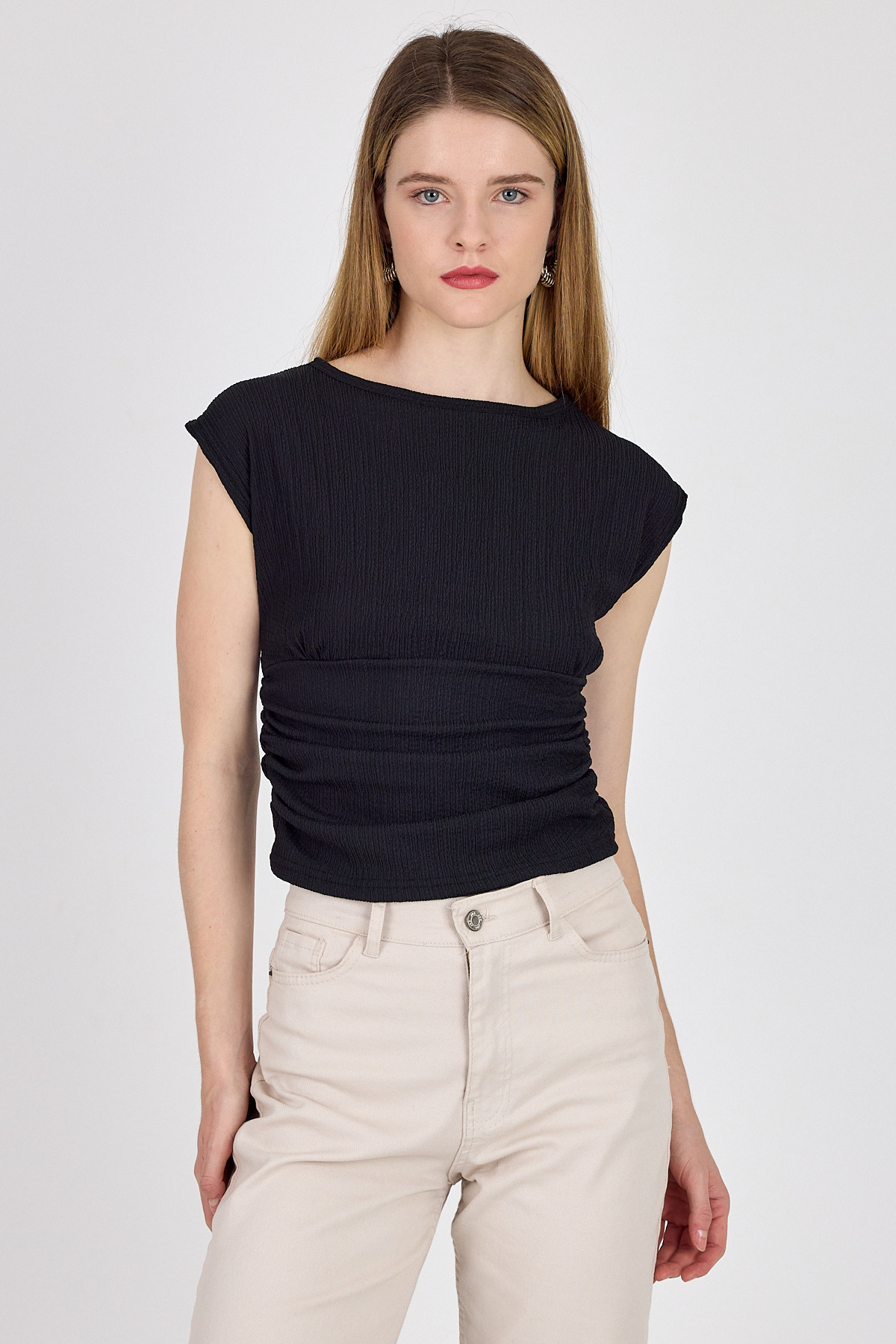 Siyah Bisiklet Yaka Bel Büzgülü Bluz 2301 - RAYS