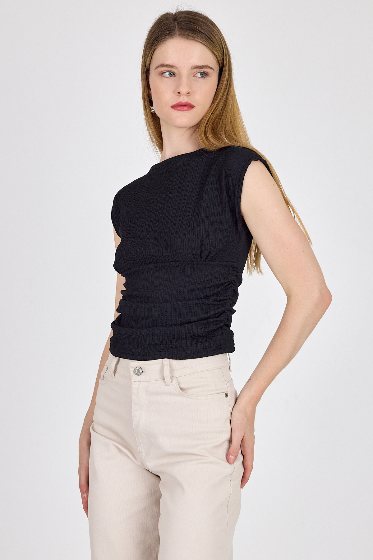 Siyah Bisiklet Yaka Bel Büzgülü Bluz 2301 - 2