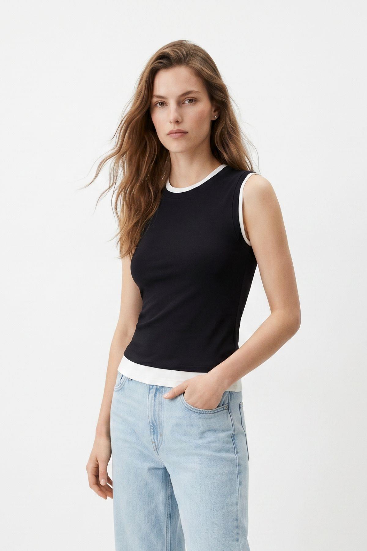 Bisiklet Yaka Çift Görünümlü Bluz 8355A Siyah - 2