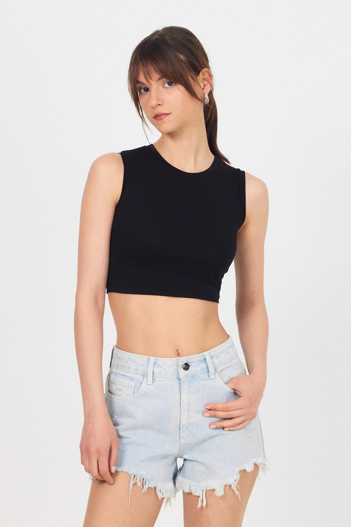 Siyah Bisiklet Yaka Crop Atlet 9189M - RAYS