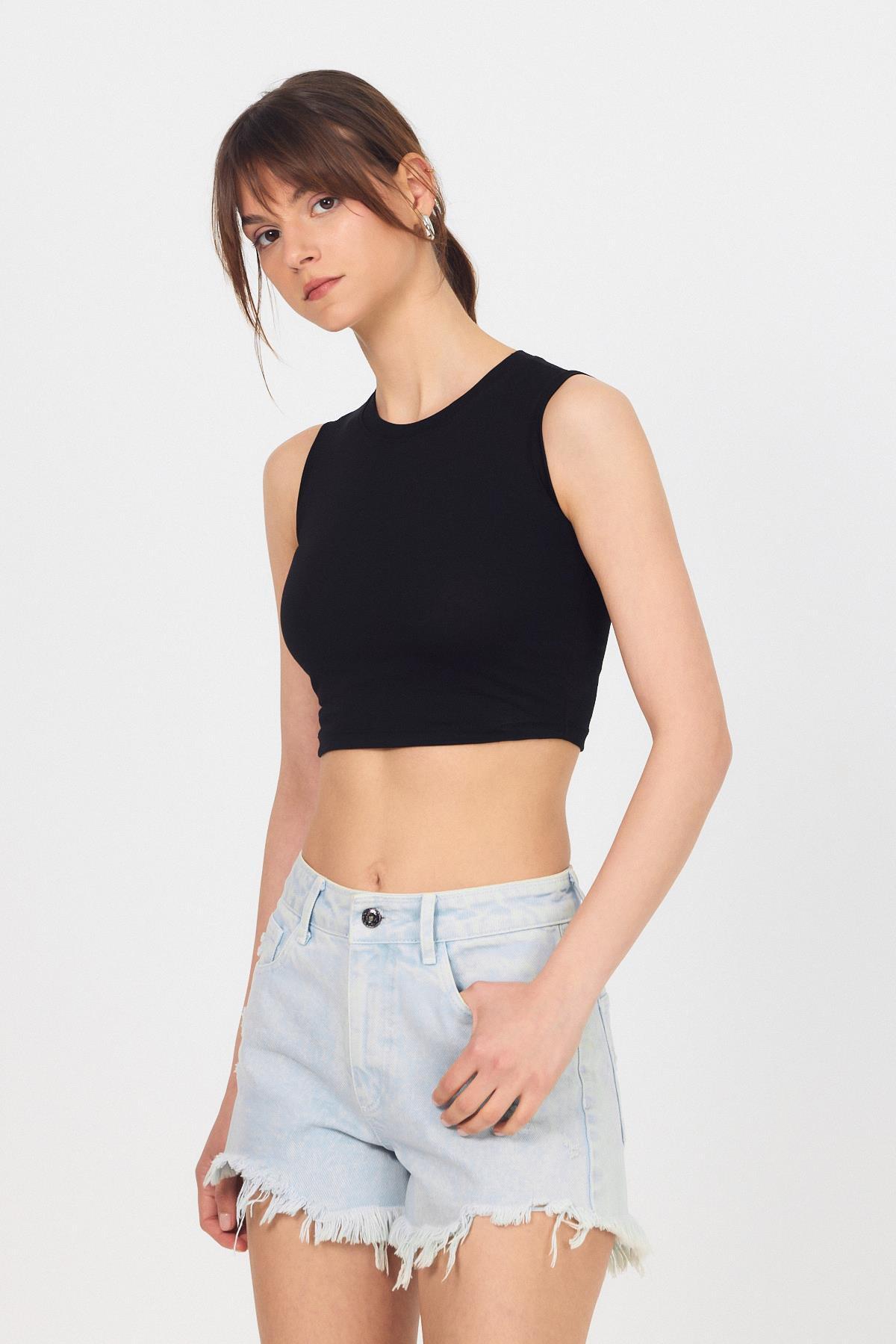 Siyah Bisiklet Yaka Crop Atlet 9189M - RAYS