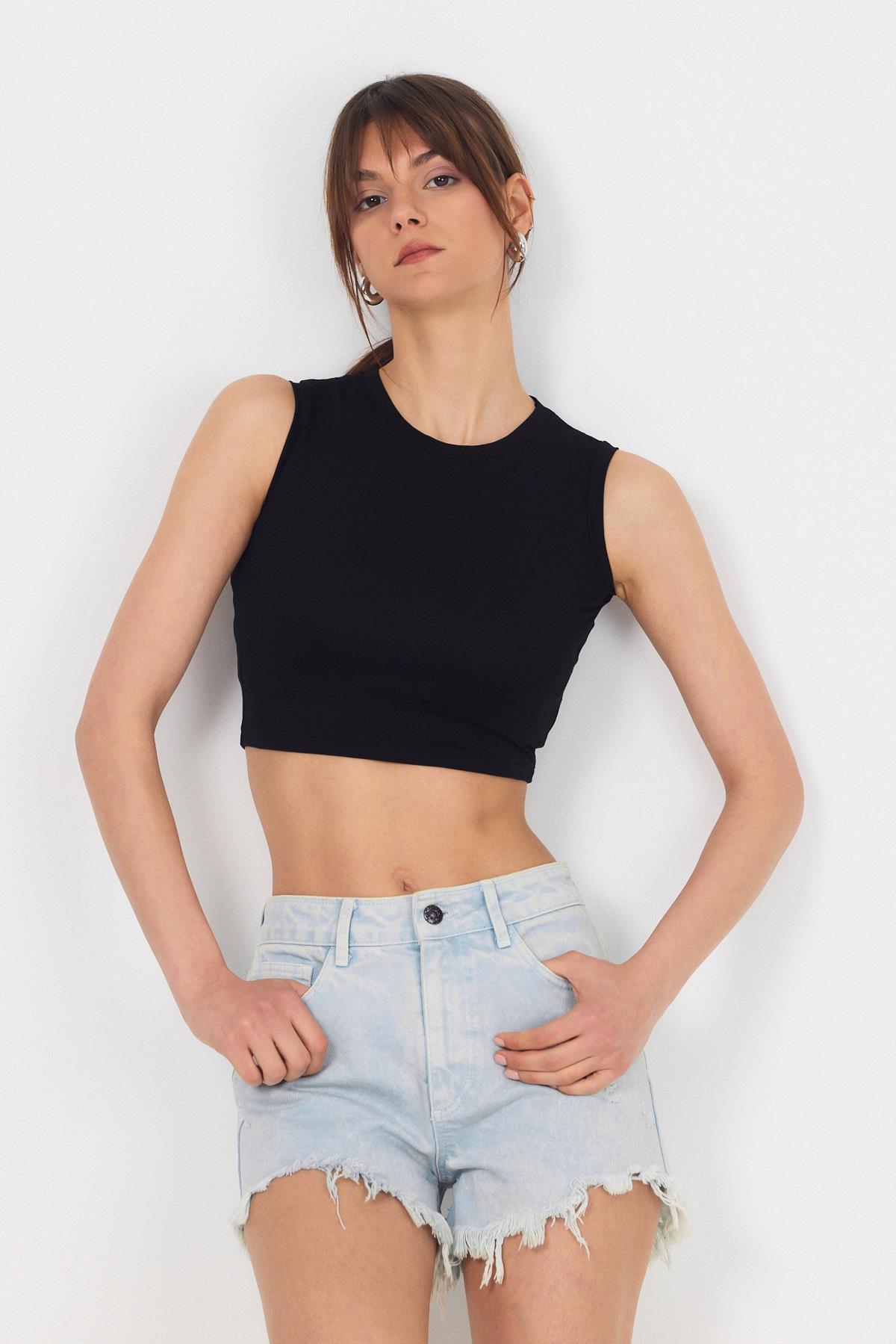 Siyah Bisiklet Yaka Crop Atlet 9189M 