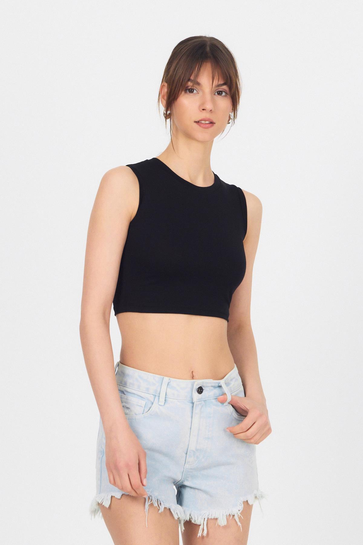 Siyah Bisiklet Yaka Crop Atlet 9189M - 7