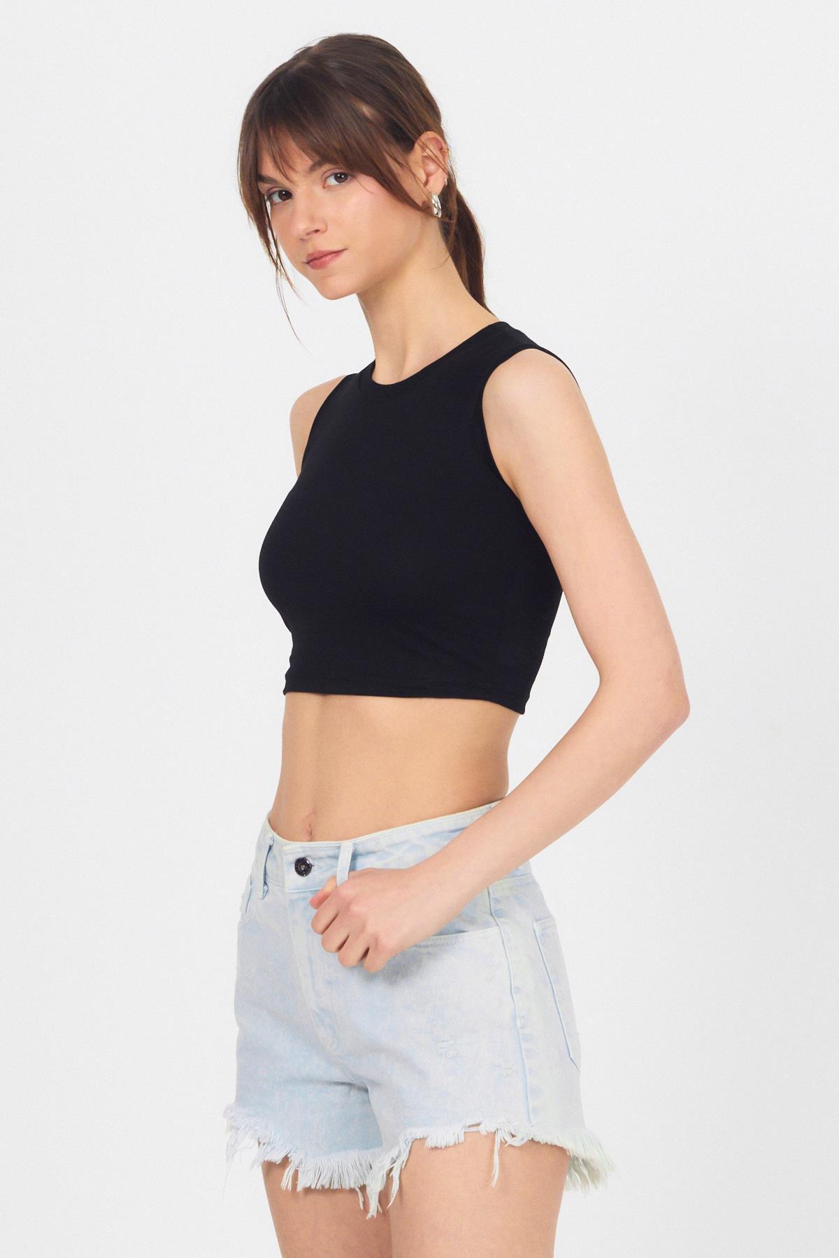 Siyah Bisiklet Yaka Crop Atlet 9189M - 6