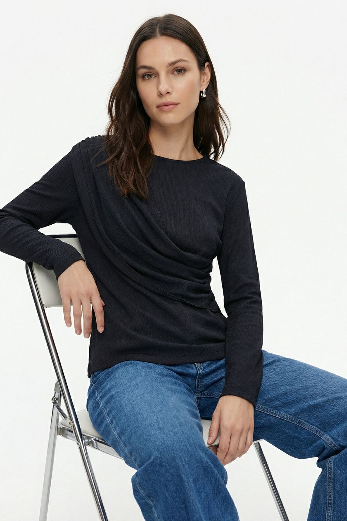 Siyah Bisiklet Yaka Drapeli Bluz 252134 - 1