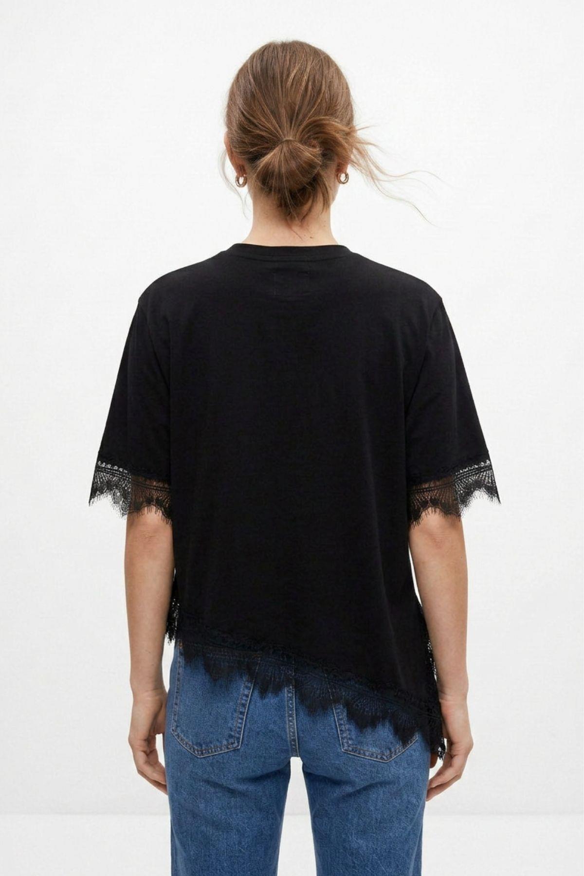 Bisiklet Yaka Kısa Kol Dantelli Asimetrik Tişört 05 Siyah - RAYS