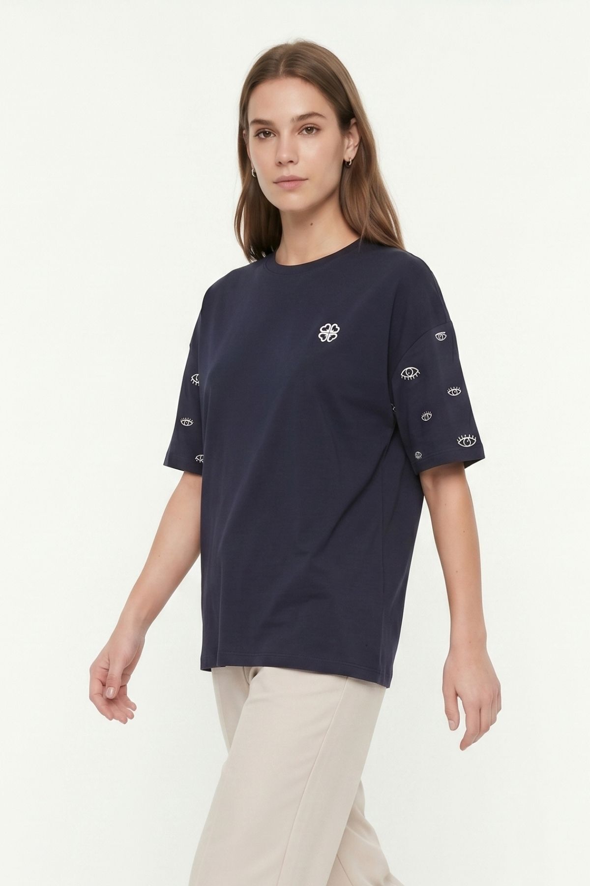 Bisiklet Yaka Kısa Kol Yazı Baskılı Oversize Tişört 8480 Siyah - RAYS
