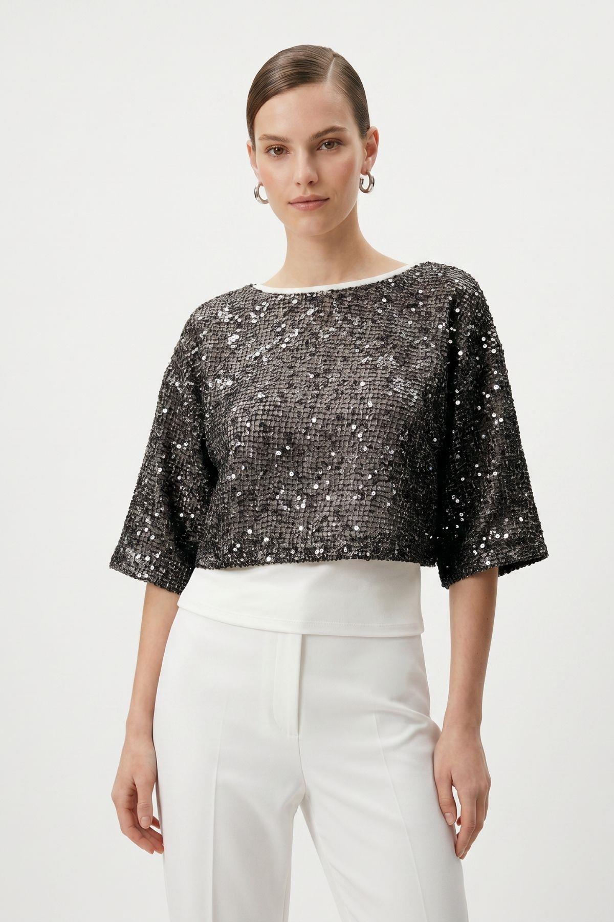 Bisiklet Yaka Kısa Kollu Pullu Atletli File Bluz 3299 Siyah - RAYS