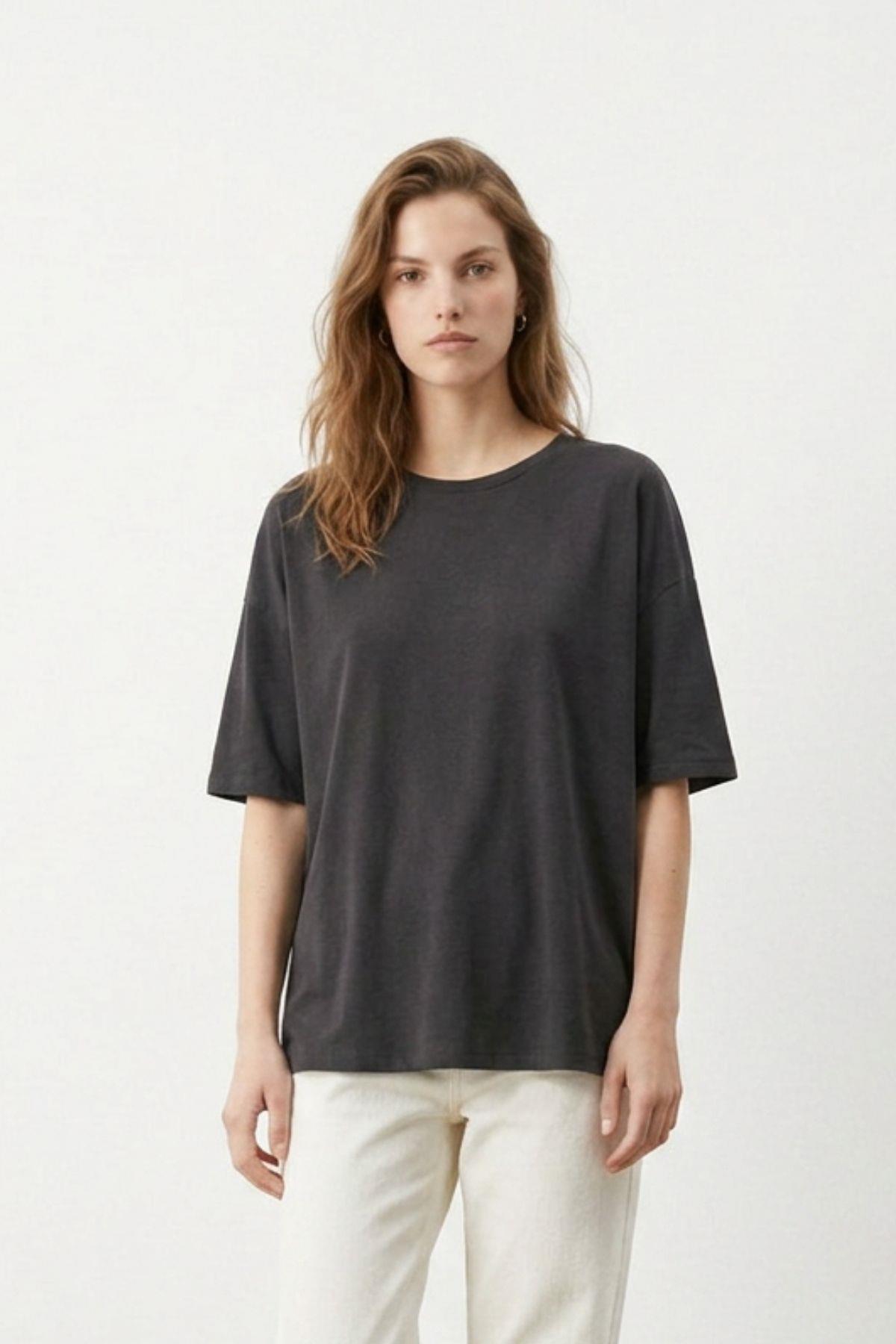 Siyah Bisiklet Yaka Oversize Tişört 3659 - 2