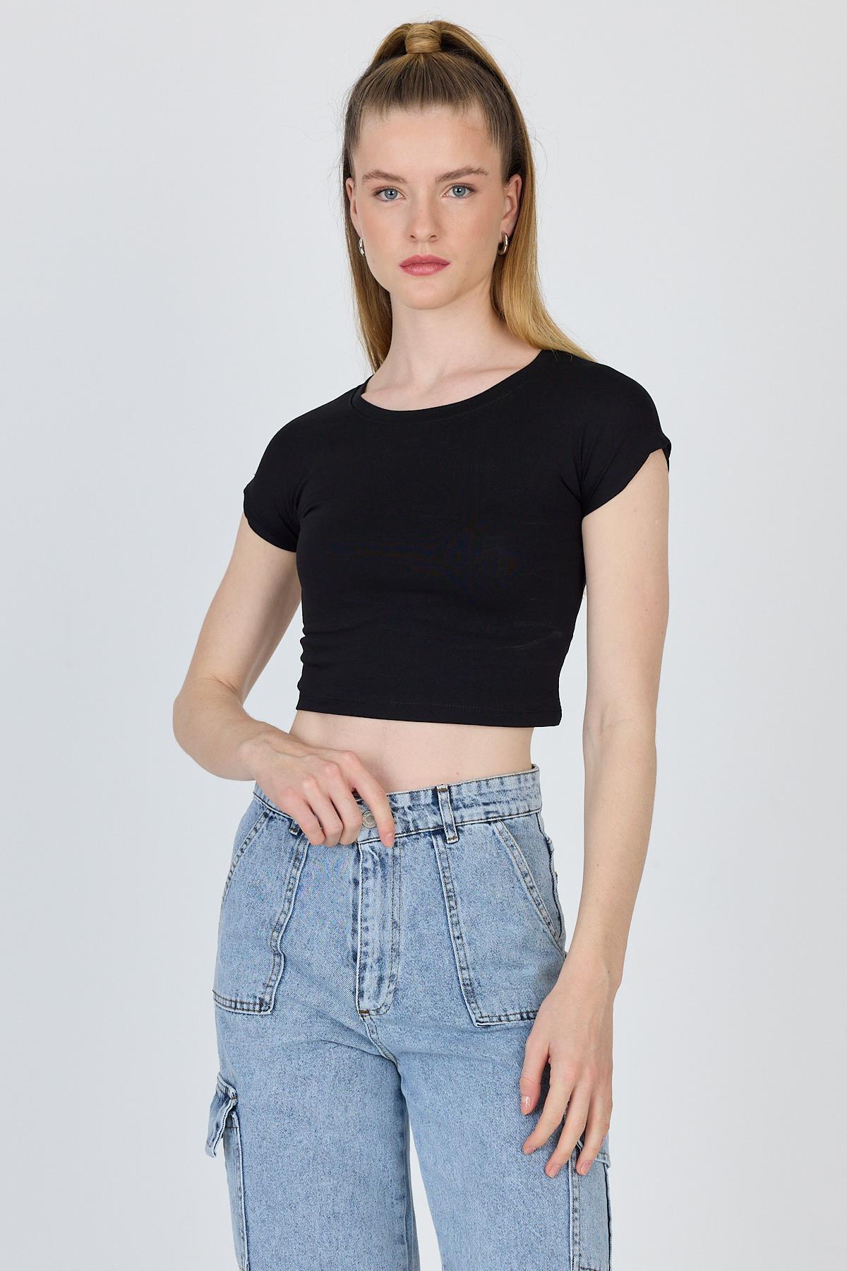 Siyah Bisiklet Yaka Pamuklu Slim Fit Crop Tişört 9199M - 1