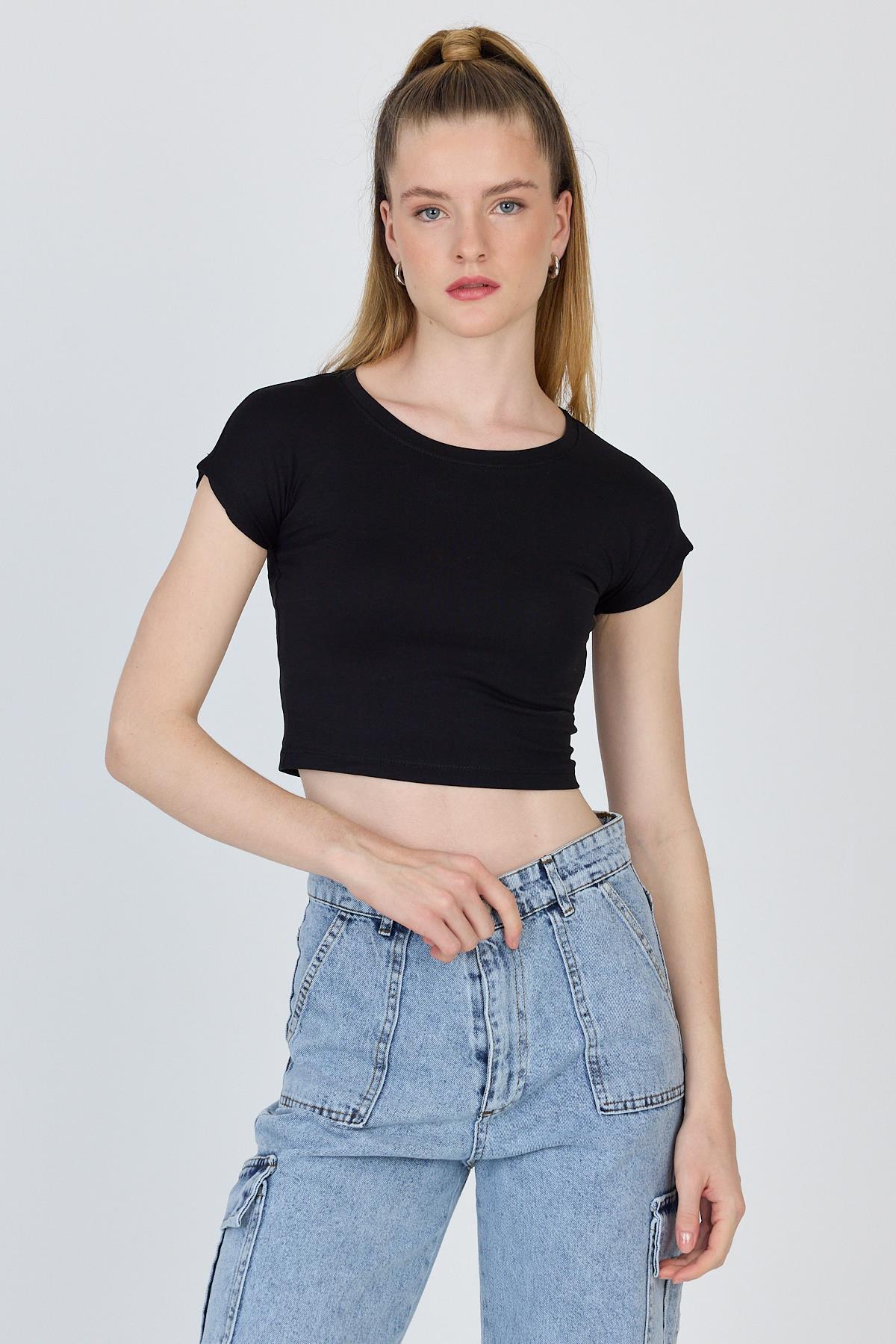 Siyah Bisiklet Yaka Pamuklu Slim Fit Crop Tişört 9199M - 3