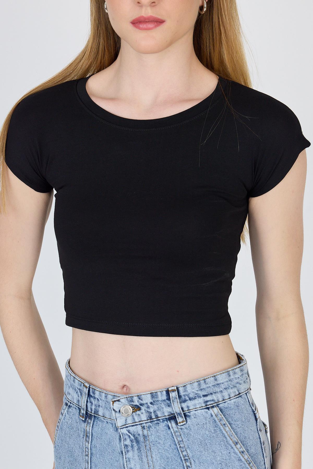 Siyah Bisiklet Yaka Pamuklu Slim Fit Crop Tişört 9199M - 4