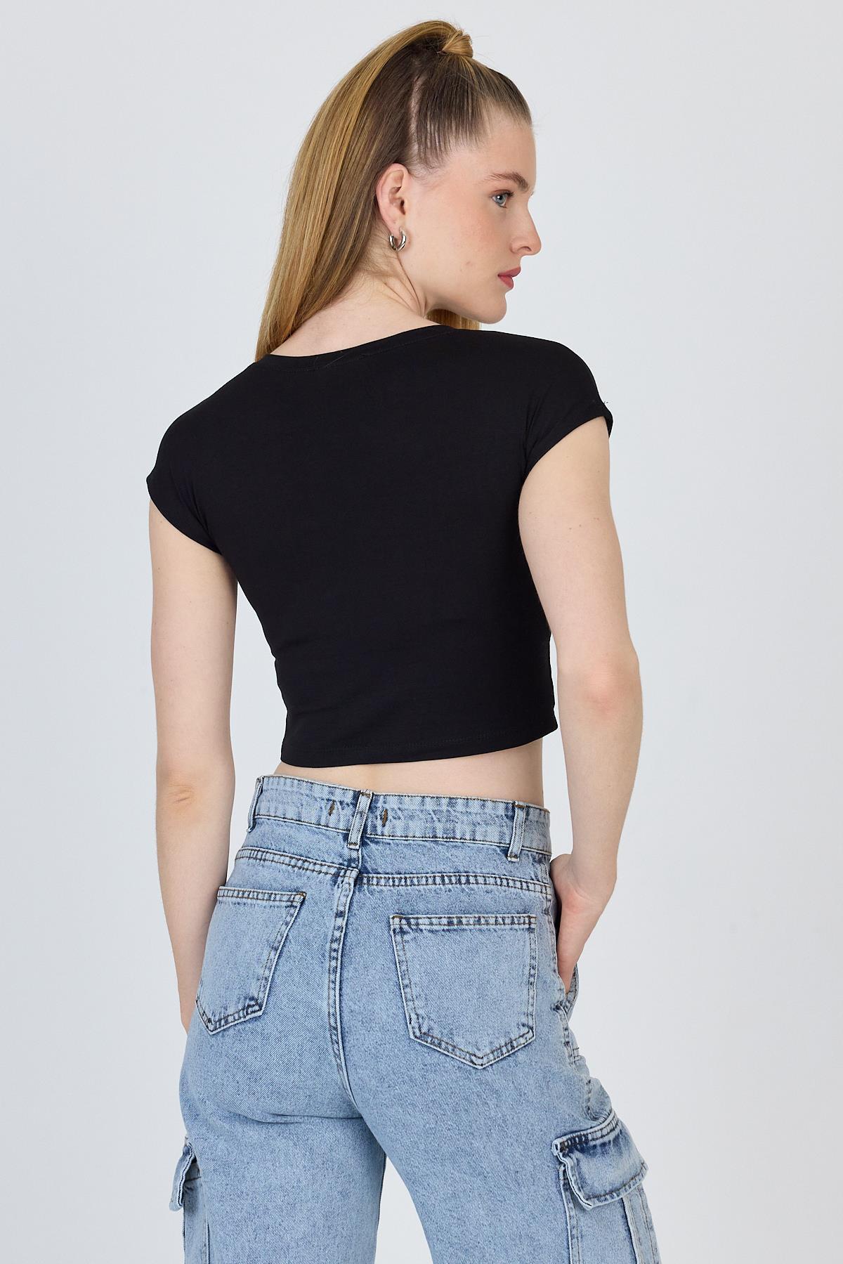 Siyah Bisiklet Yaka Pamuklu Slim Fit Crop Tişört 9199M - 5