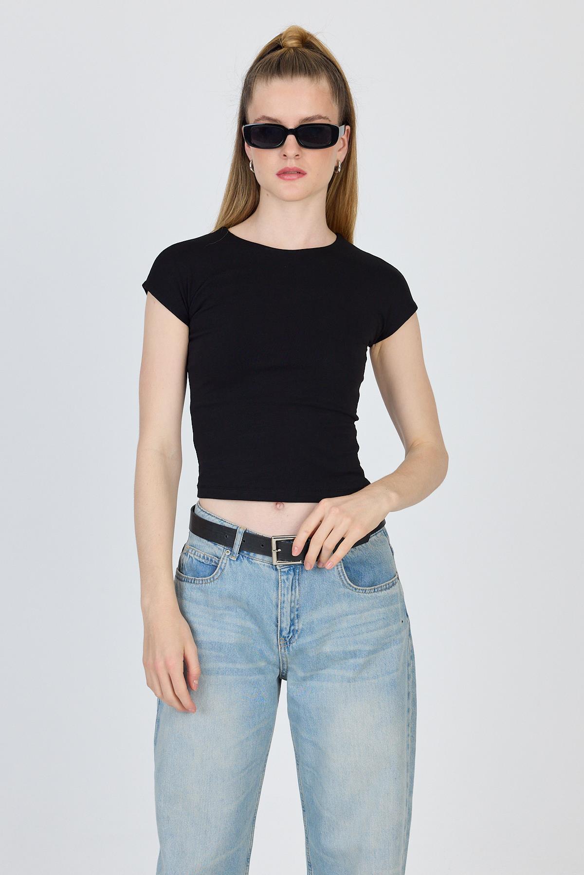 Siyah Bisiklet Yaka Pamuklu Slim Fit Tişört 9190 - RAYS