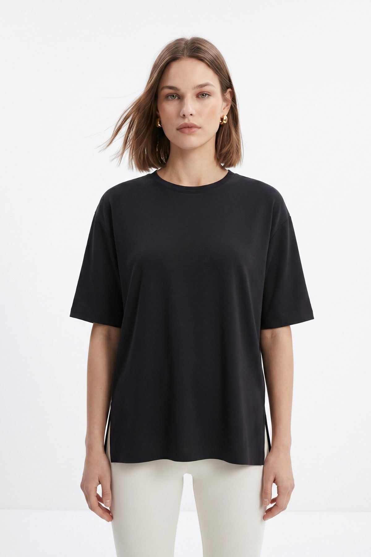 Siyah Bisiklet Yaka Salaş Tişört 0474 - RAYS