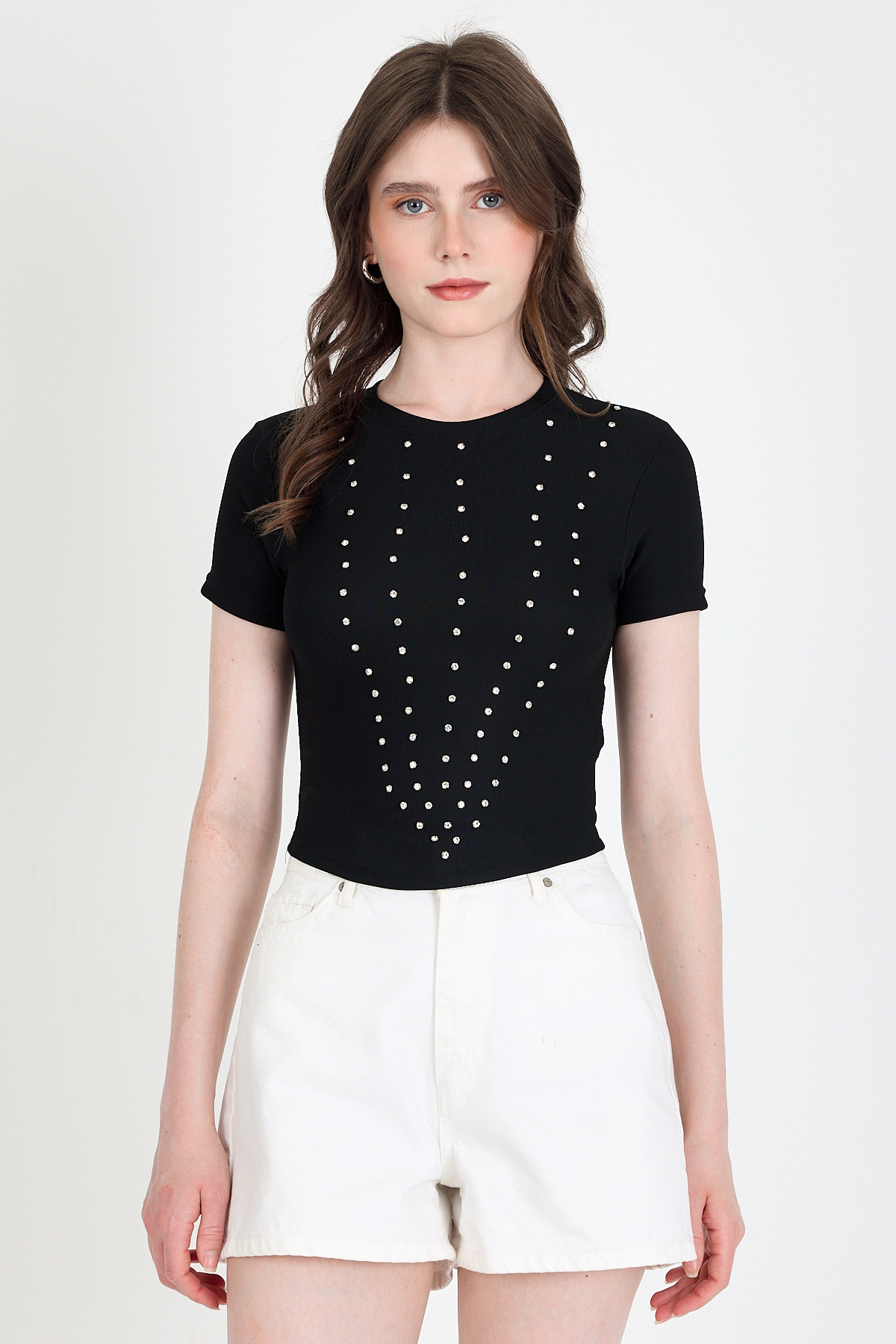 Siyah Bisiklet Yaka Taş İşleme Detaylı Slim Fit Crop Tişört 1149 - RAYS