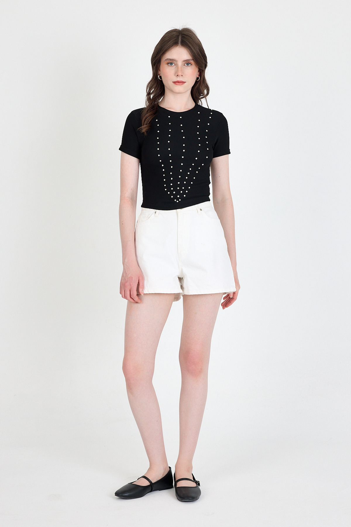 Siyah Bisiklet Yaka Taş İşleme Detaylı Slim Fit Crop Tişört 1149 - RAYS