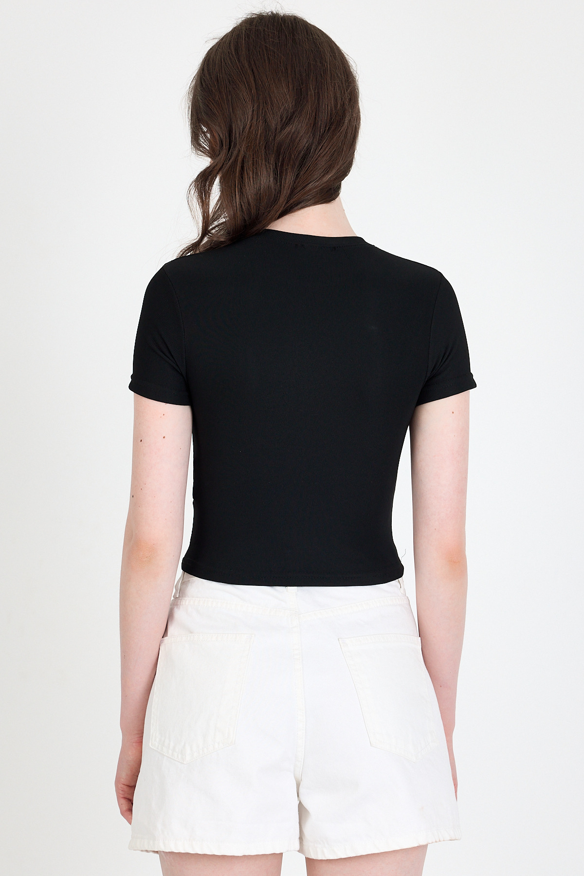 Siyah Bisiklet Yaka Taş İşleme Detaylı Slim Fit Crop Tişört 1149 - 5