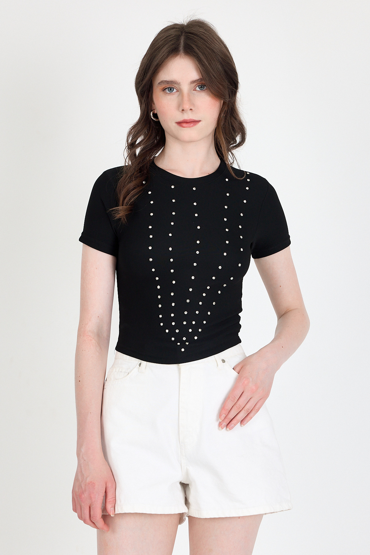 Siyah Bisiklet Yaka Taş İşleme Detaylı Slim Fit Crop Tişört 1149 - RAYS