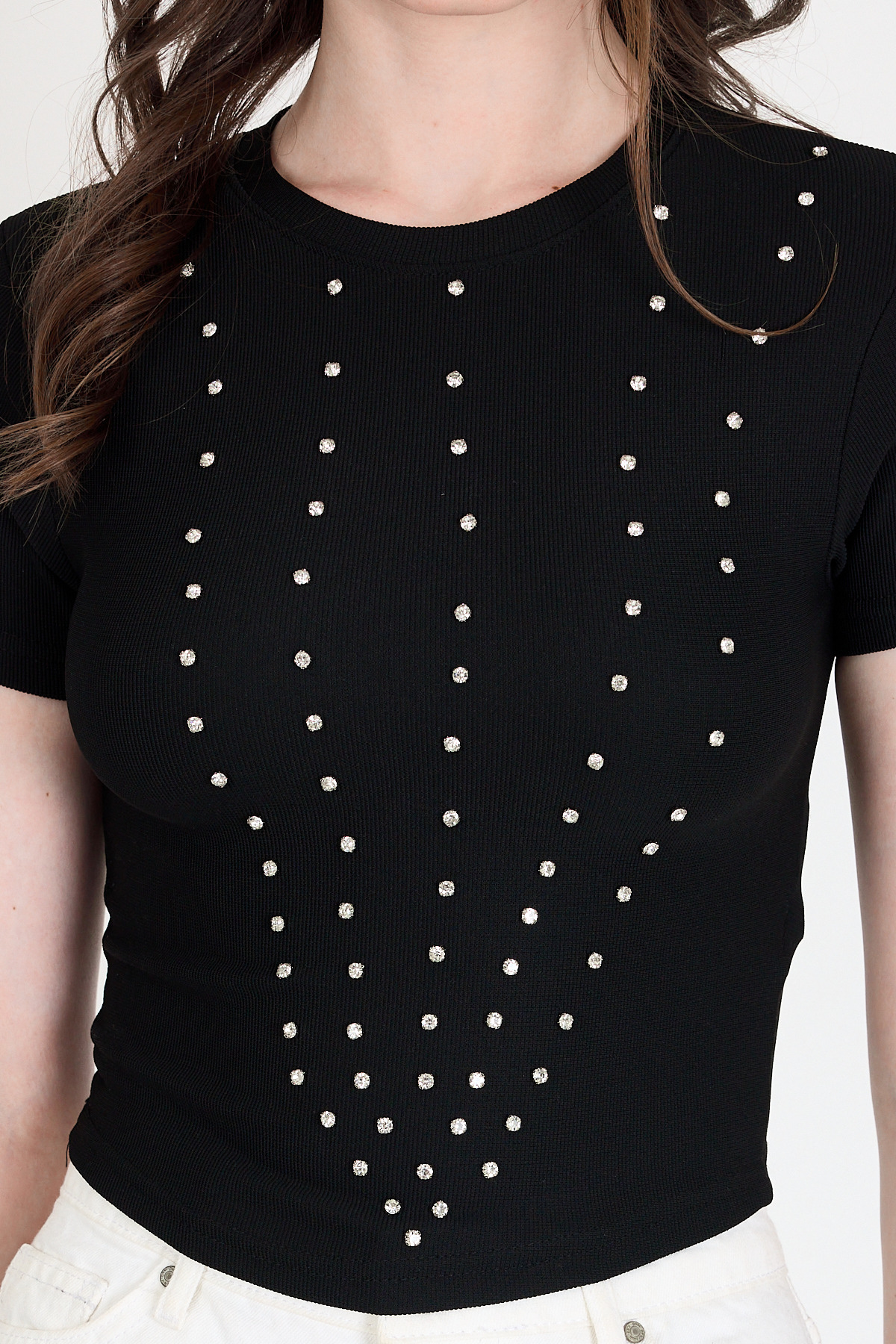 Siyah Bisiklet Yaka Taş İşleme Detaylı Slim Fit Crop Tişört 1149 - RAYS