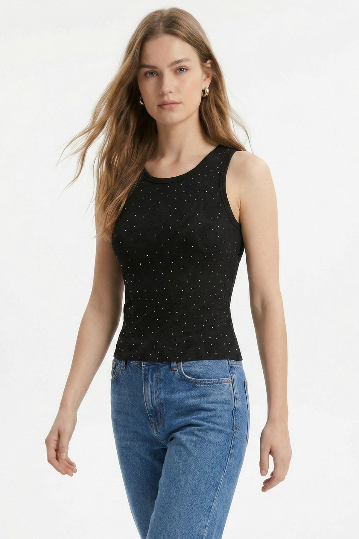 Siyah Bisiklet Yaka Taşlı Bluz 2216 - RAYS