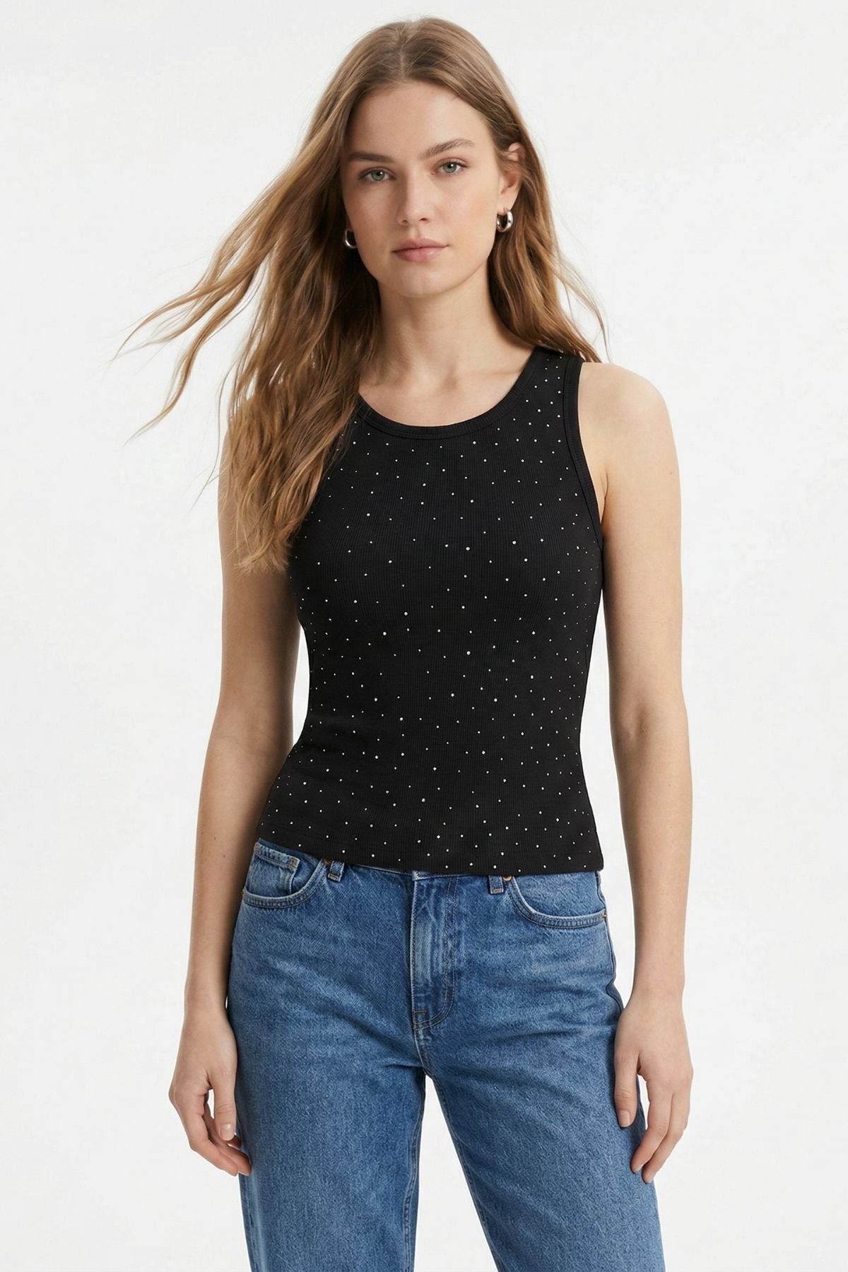 Siyah Bisiklet Yaka Taşlı Bluz 2216 - RAYS