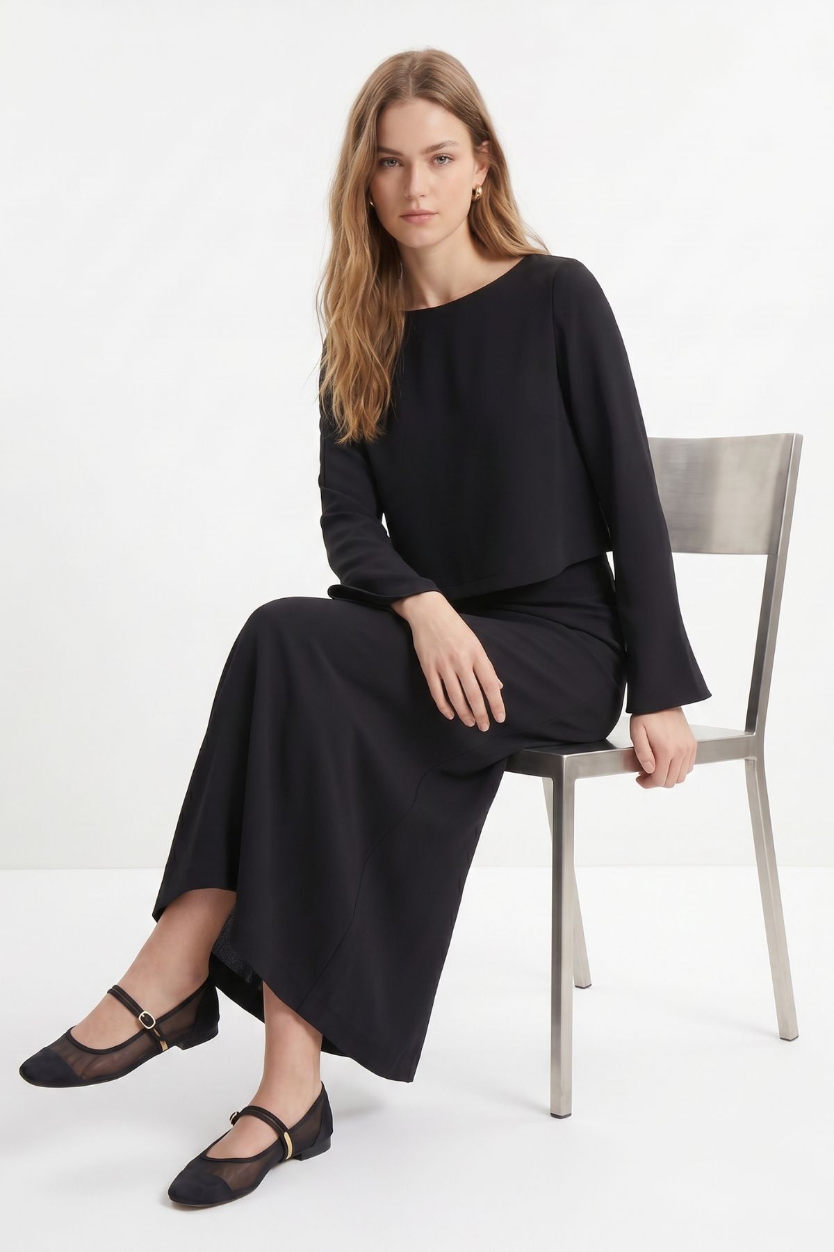 Siyah Bisiklet Yaka Uzun Kol Bluz Elbise Takım 18005 