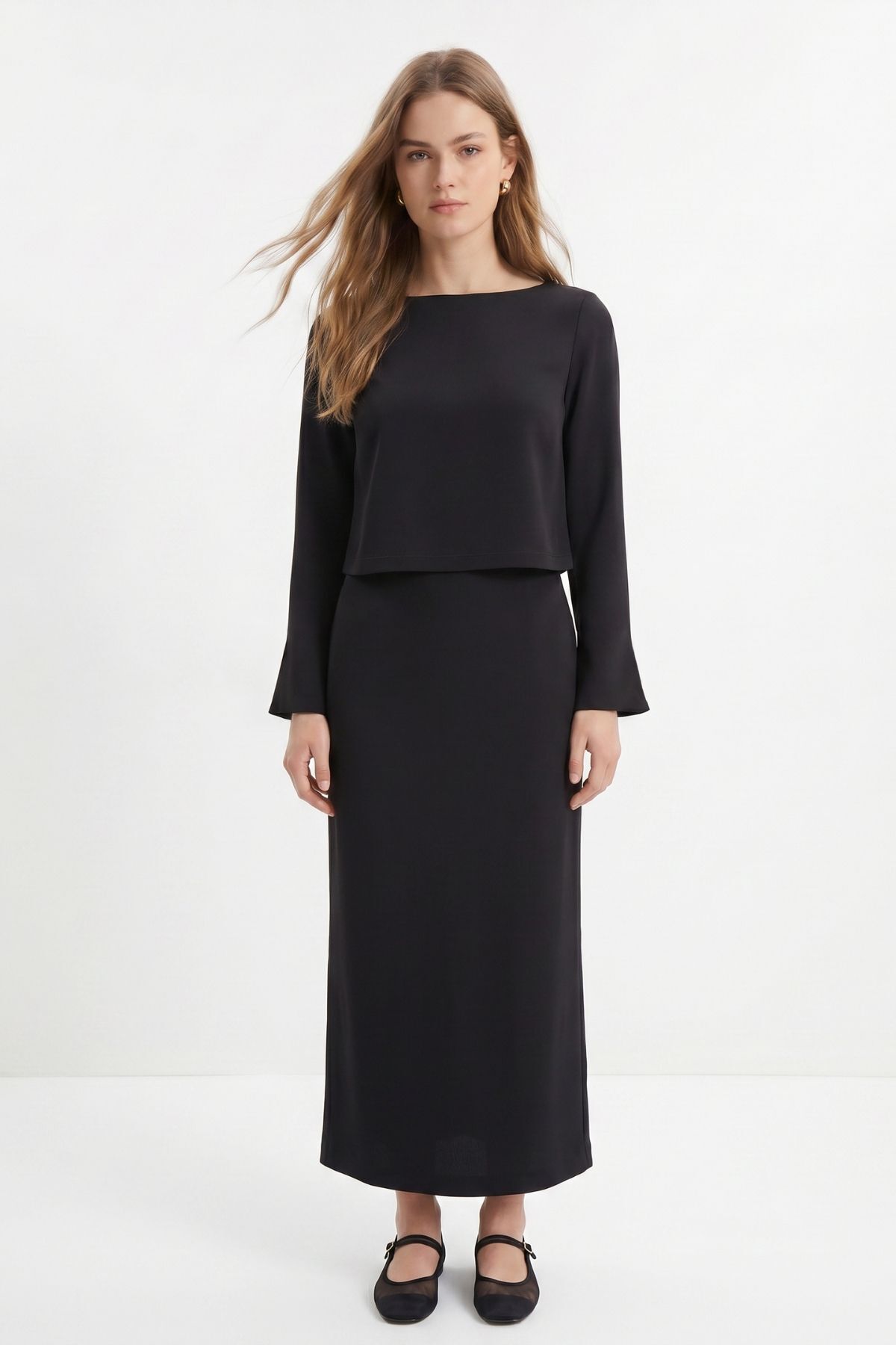 Siyah Bisiklet Yaka Uzun Kol Bluz Elbise Takım 18005 - 2