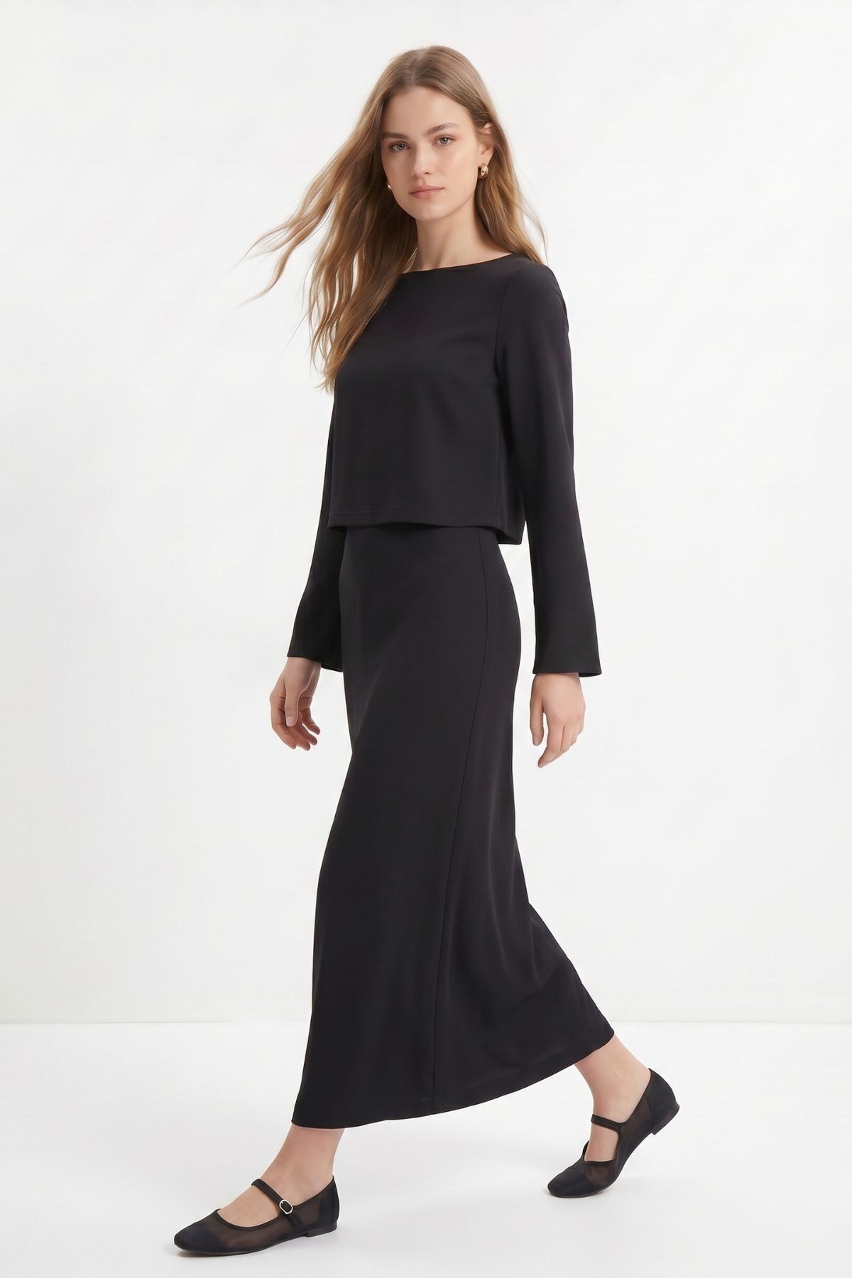 Siyah Bisiklet Yaka Uzun Kol Bluz Elbise Takım 18005 - 3