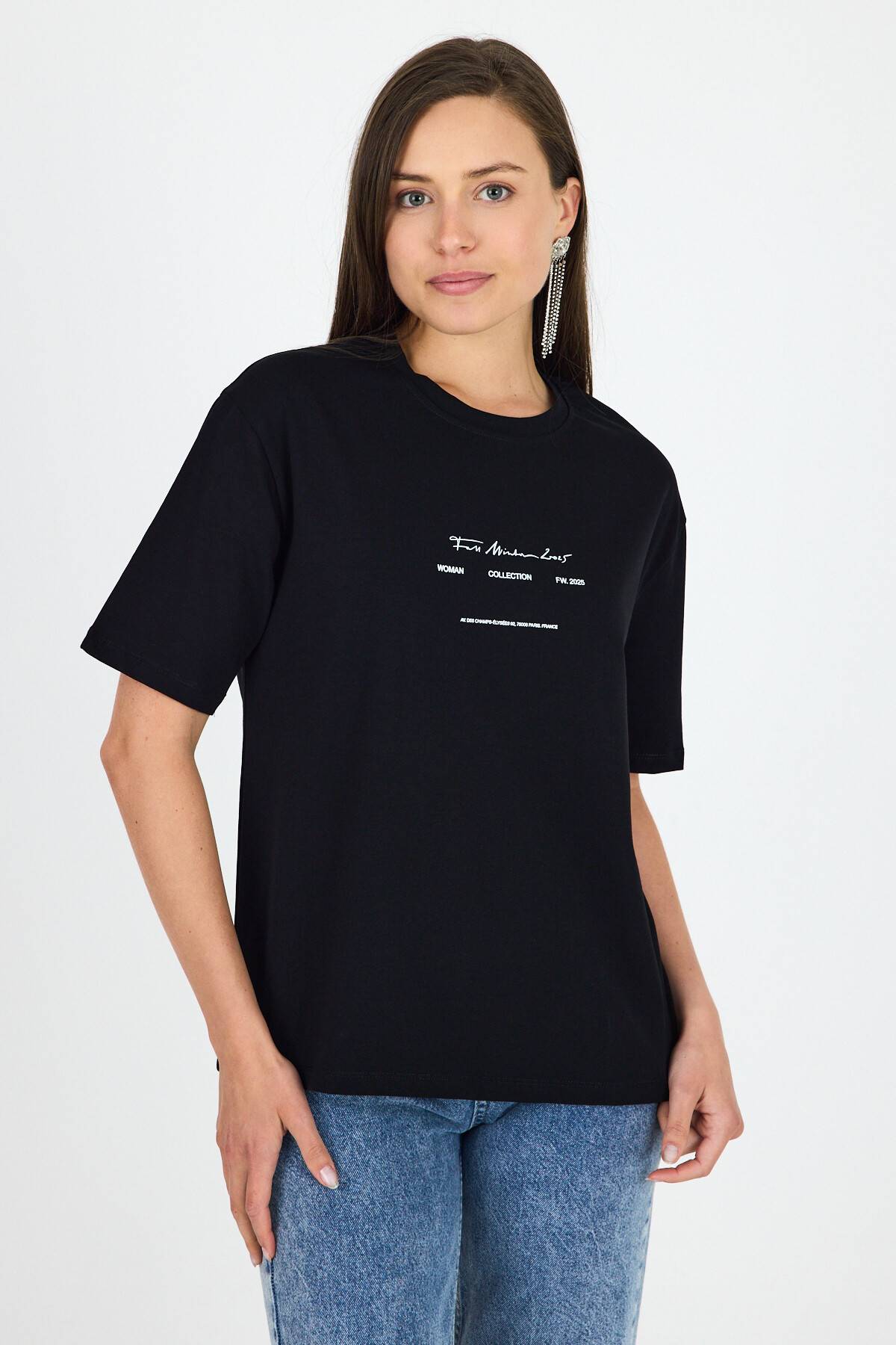 Siyah Bisiklet Yaka Yazı Baskılı Oversize Tişört 5832 - RAYS