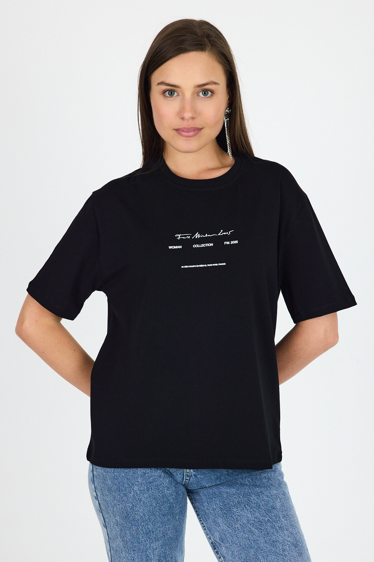Siyah Bisiklet Yaka Yazı Baskılı Oversize Tişört 5832 - RAYS