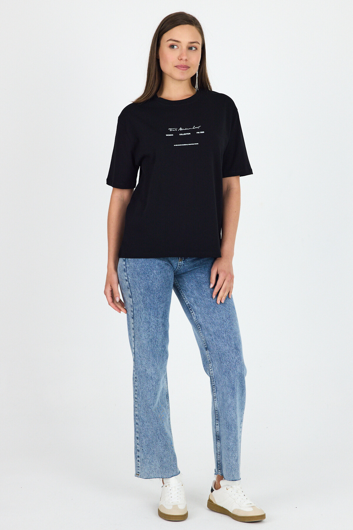 Siyah Bisiklet Yaka Yazı Baskılı Oversize Tişört 5832 - 2