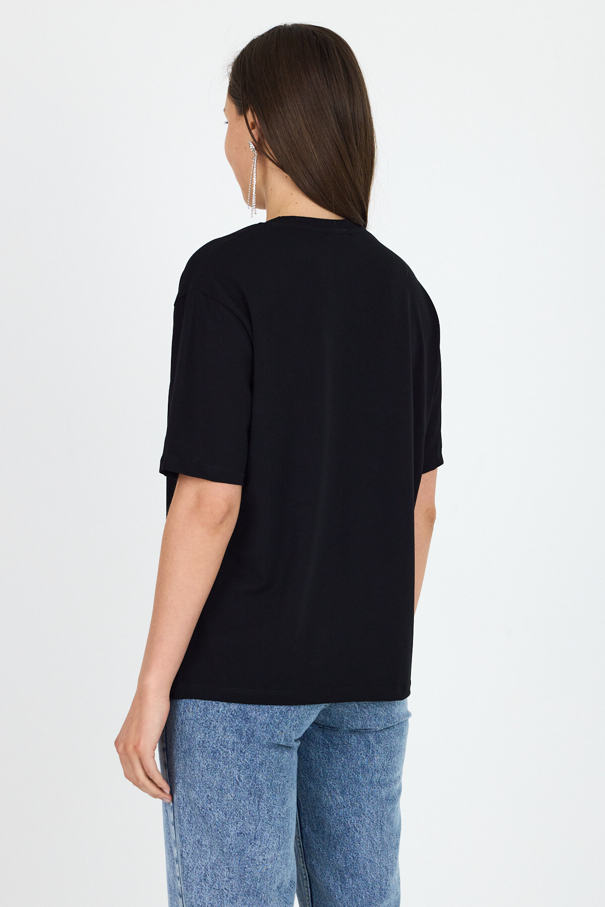 Siyah Bisiklet Yaka Yazı Baskılı Oversize Tişört 5832 - 5