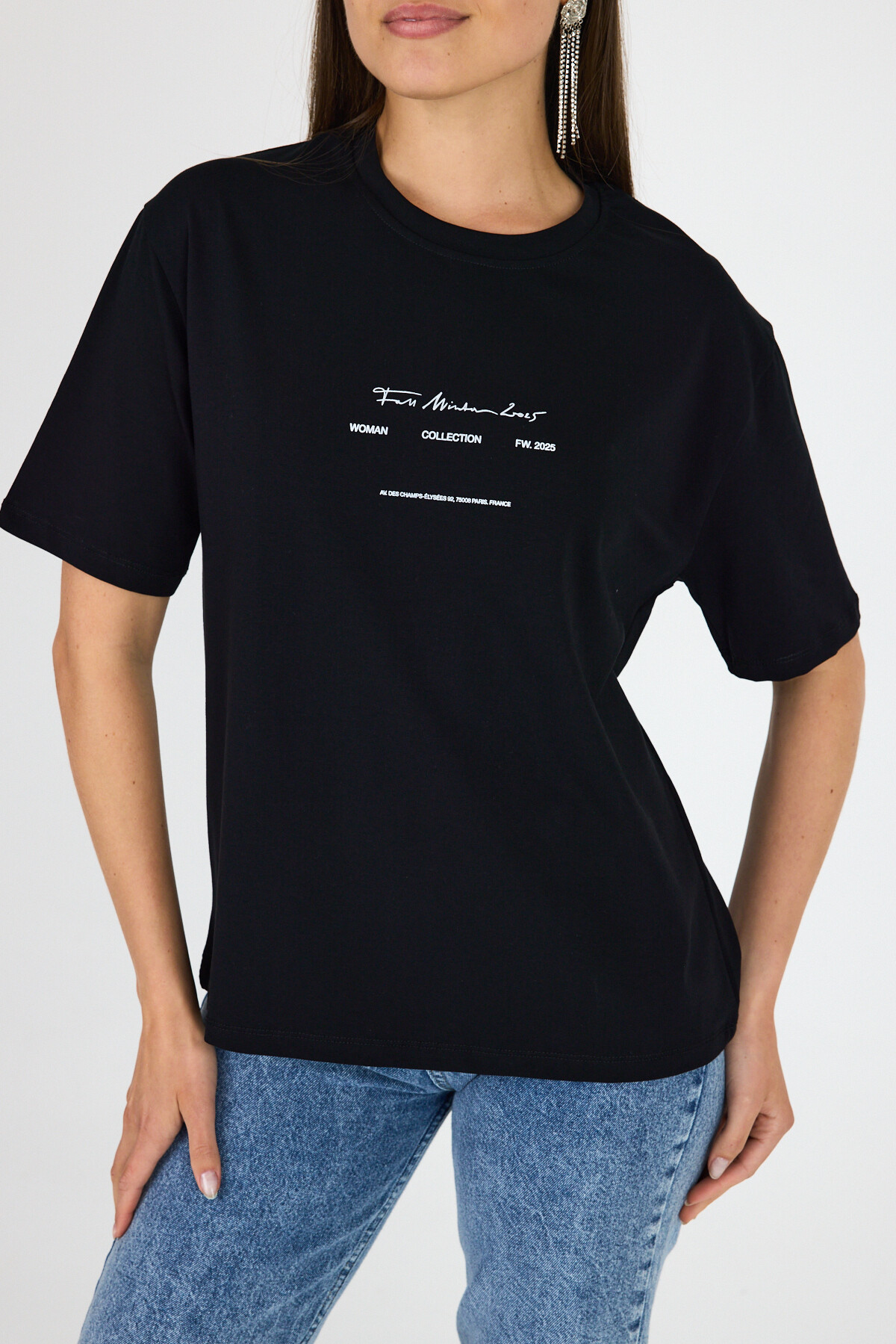 Siyah Bisiklet Yaka Yazı Baskılı Oversize Tişört 5832 - 6