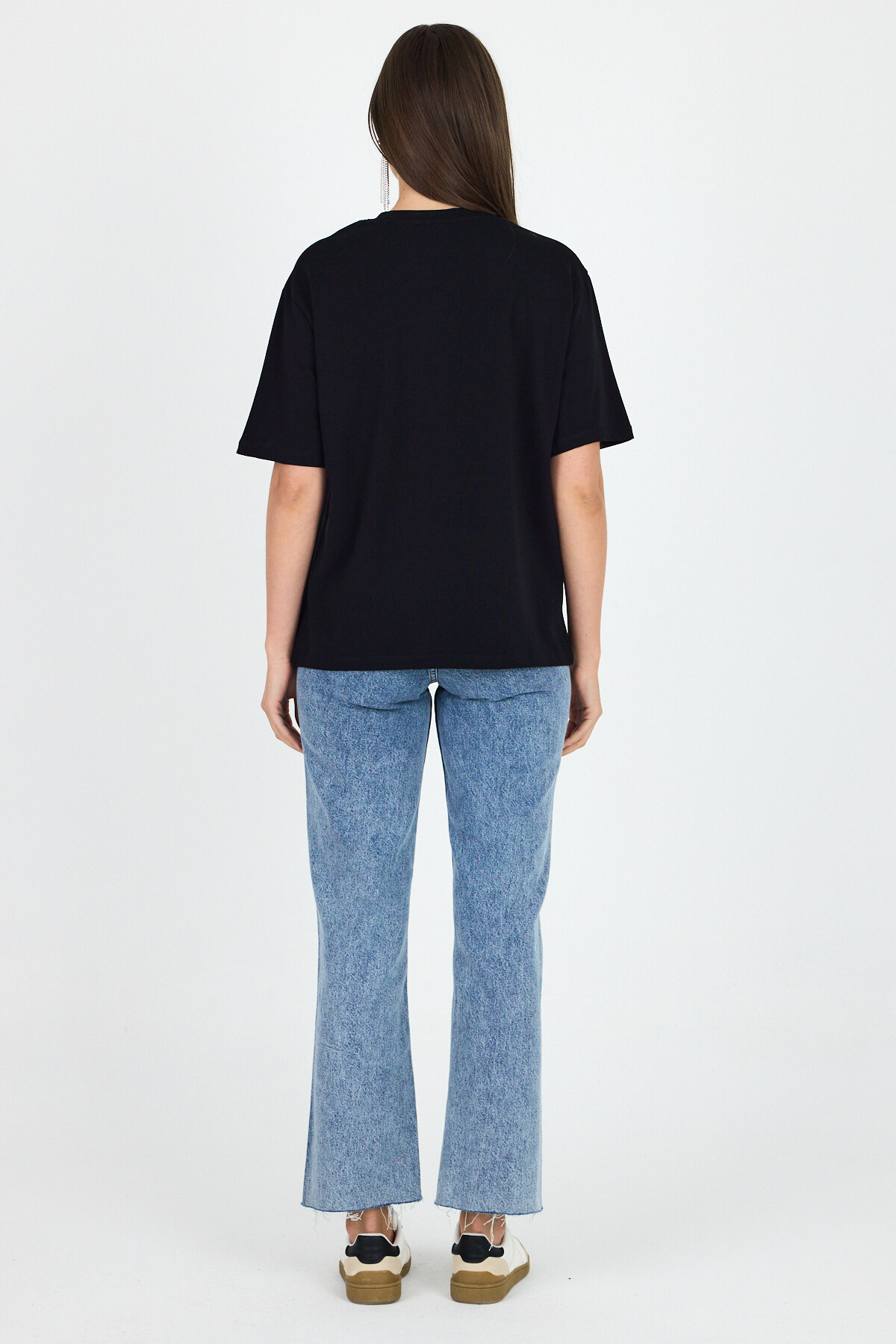 Siyah Bisiklet Yaka Yazı Baskılı Oversize Tişört 5832 - 7