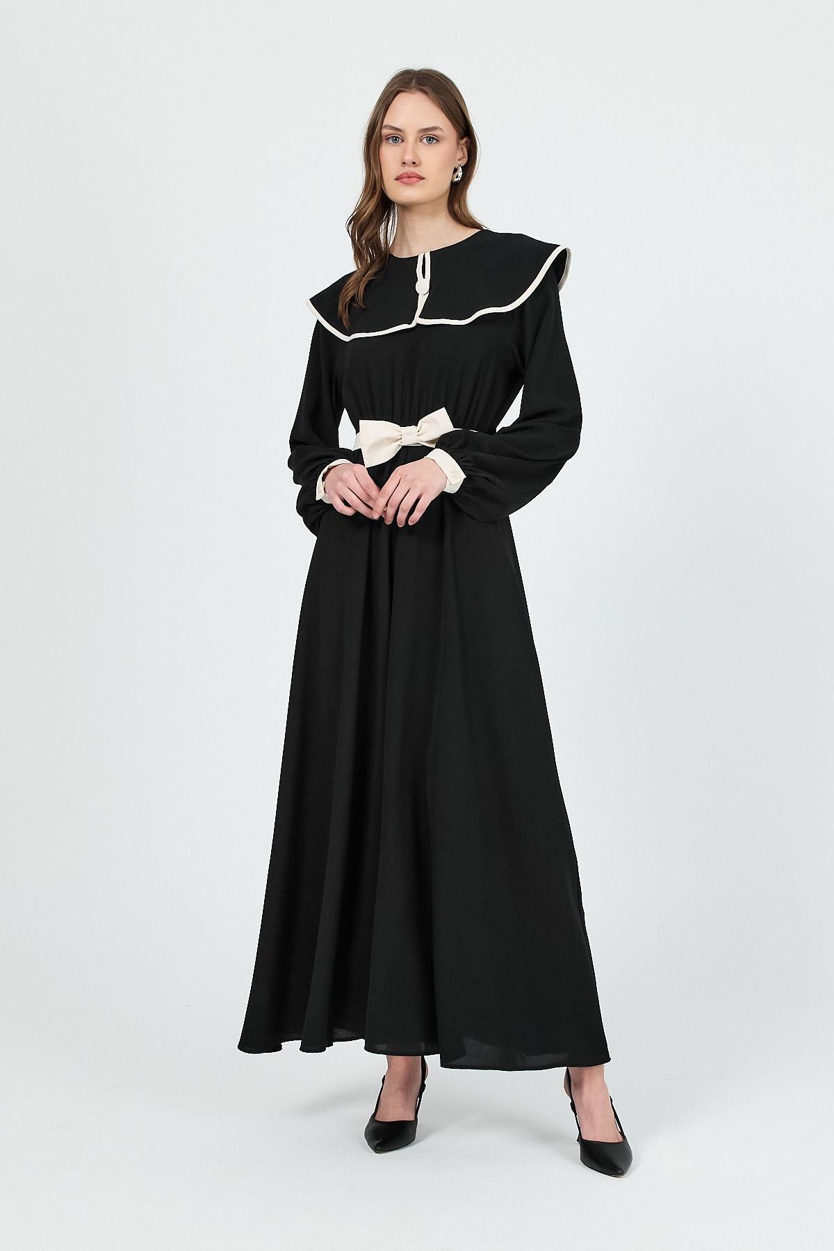 Siyah Biye Detaylı Bebe Yaka Elbise 4413A - 1