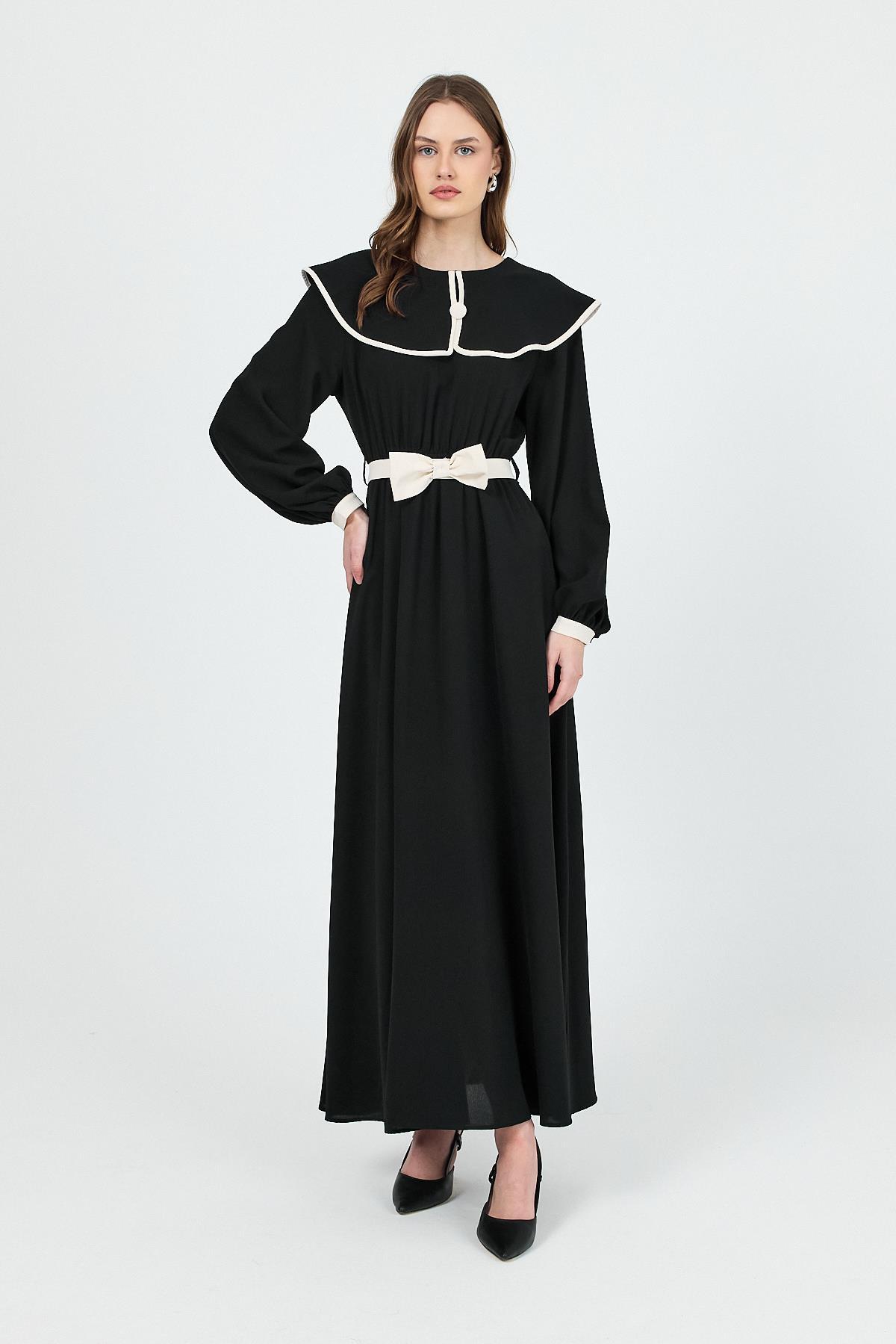 Siyah Biye Detaylı Bebe Yaka Elbise 4413A - 2