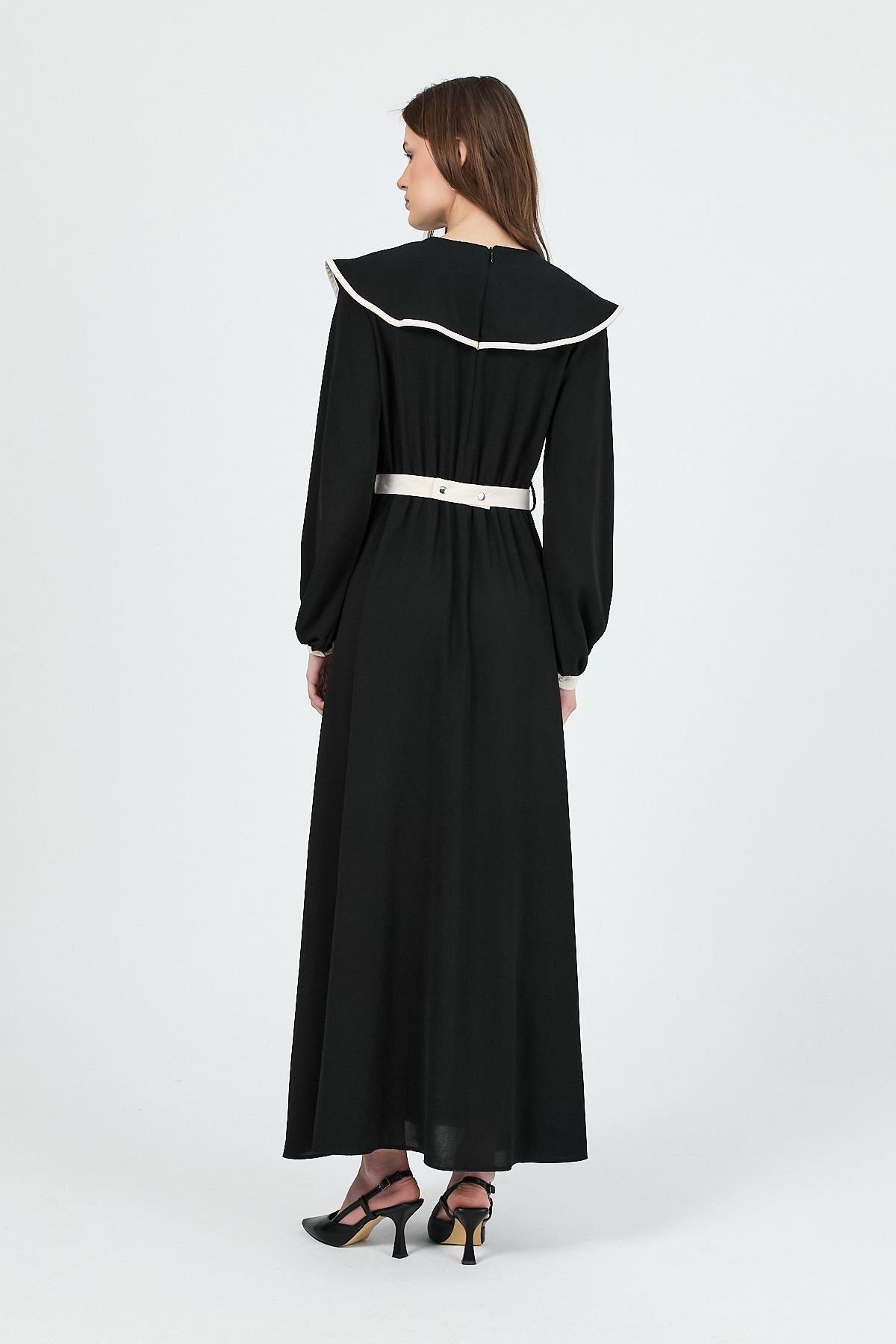 Siyah Biye Detaylı Bebe Yaka Elbise 4413A - 5