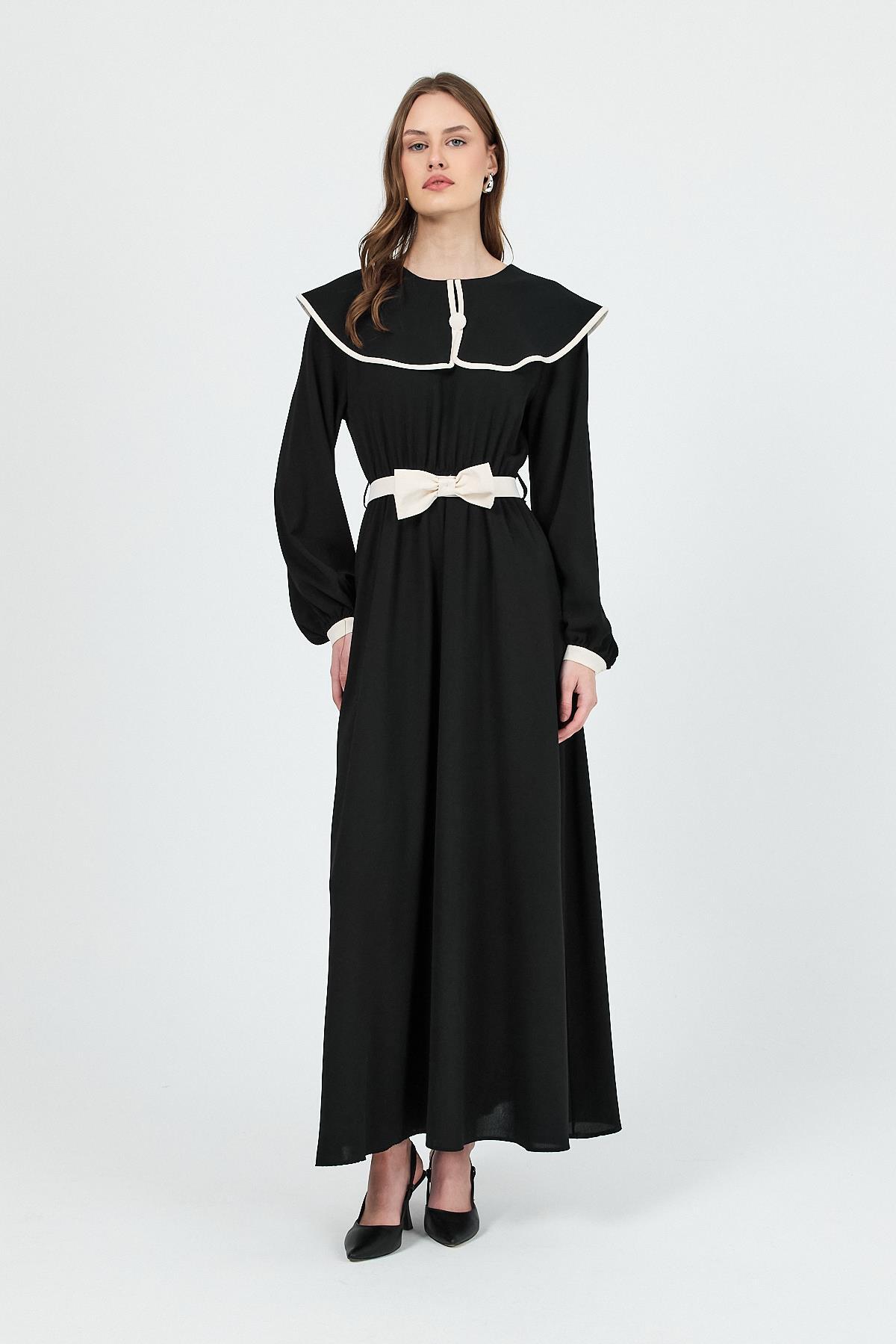 Siyah Biye Detaylı Bebe Yaka Elbise 4413A - 7