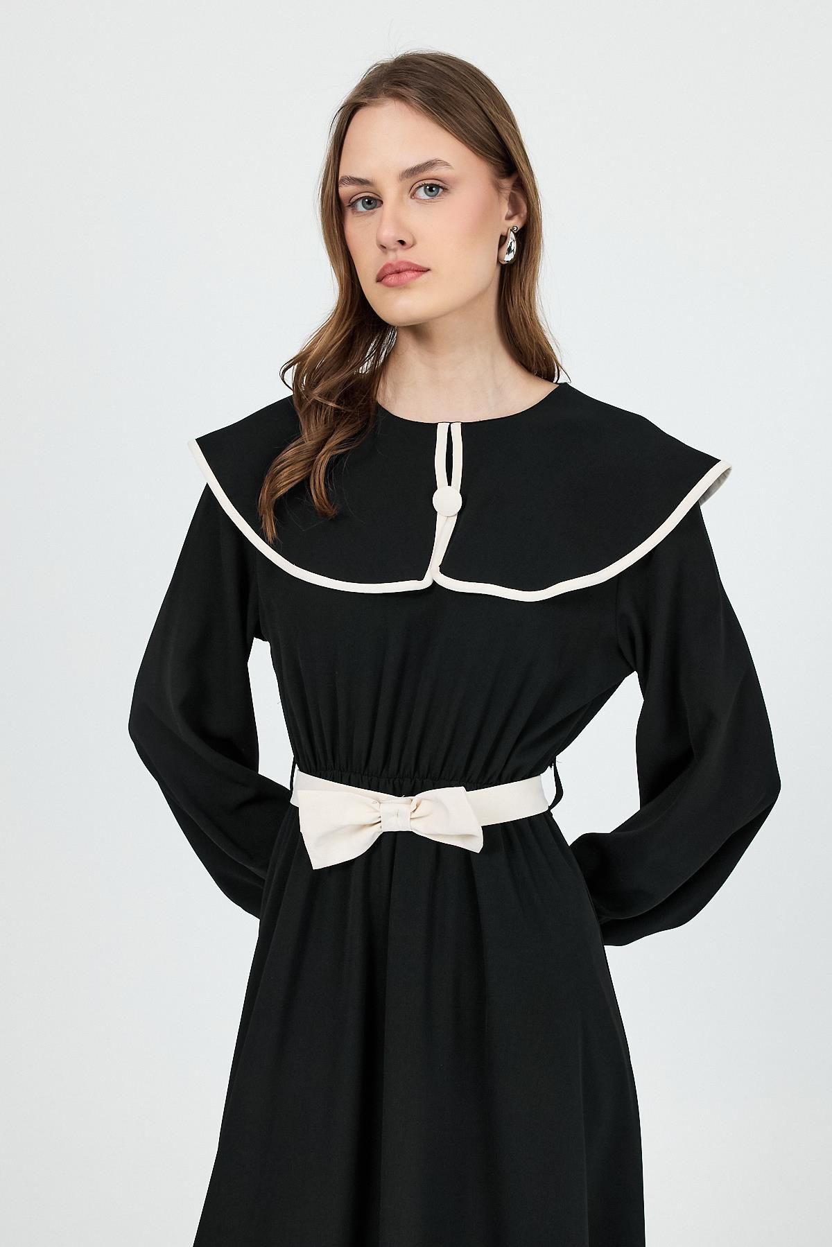 Siyah Biye Detaylı Bebe Yaka Elbise 4413A - 8