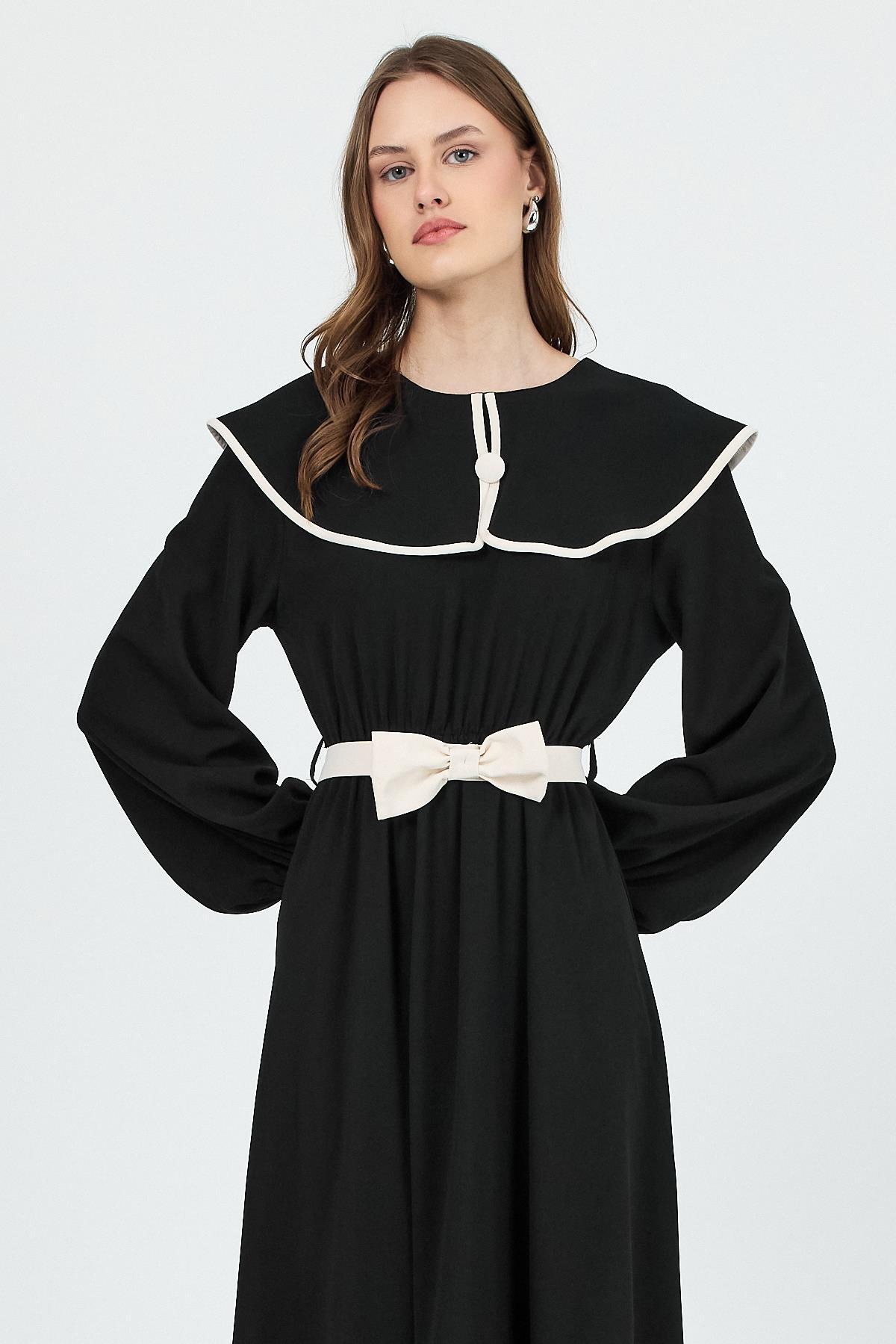 Siyah Biye Detaylı Bebe Yaka Elbise 4413A - 3