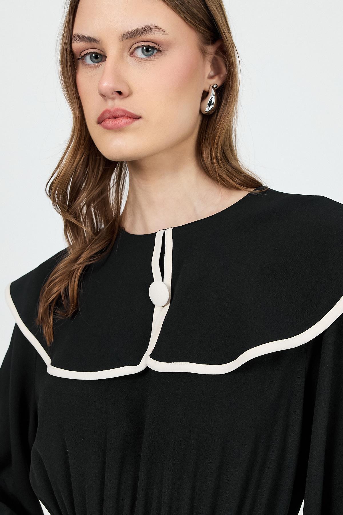 Siyah Biye Detaylı Bebe Yaka Elbise 4413A - 4